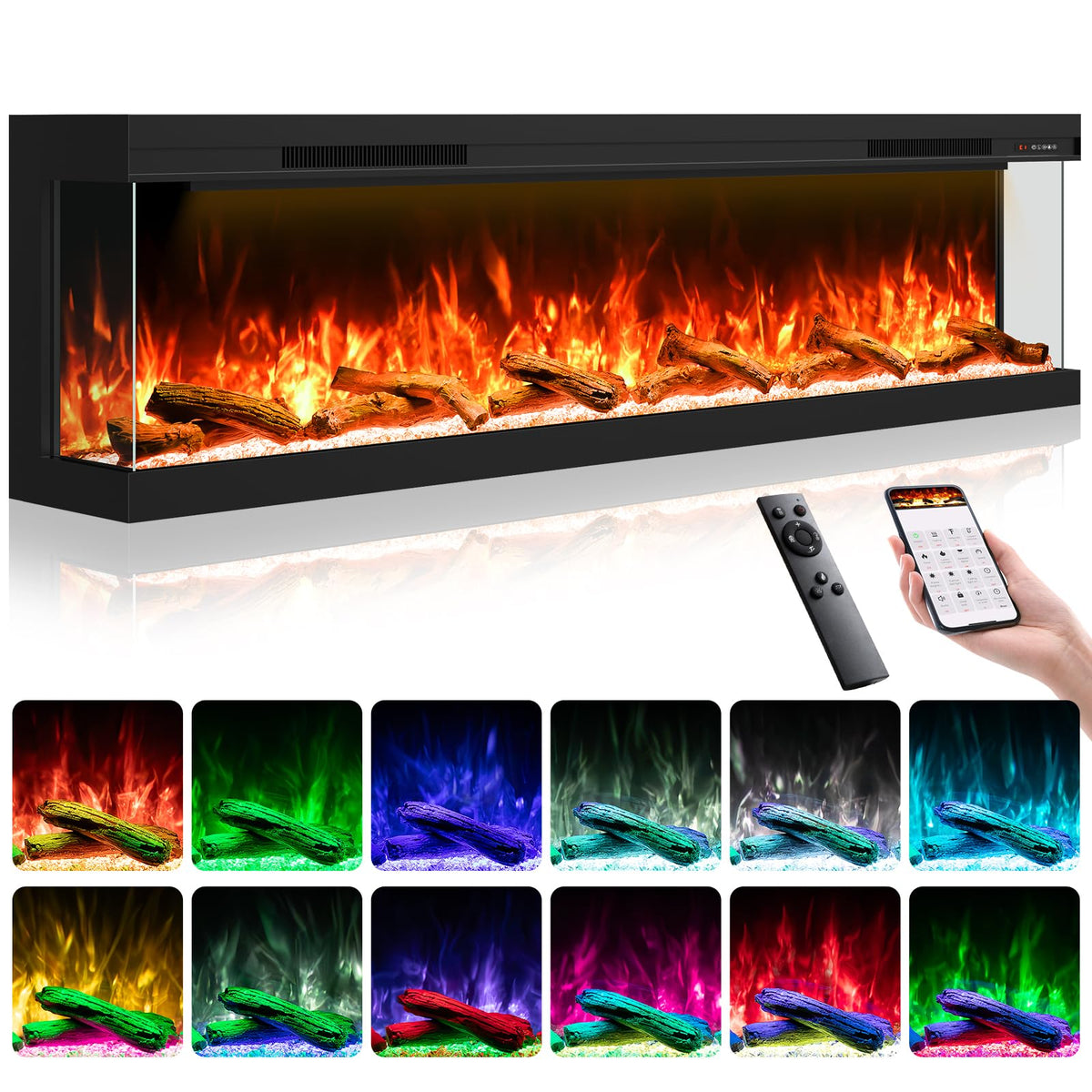 STRICWARM 100" 3-Sided Electric Fireplace Inserts WiFi Recessed Heaters