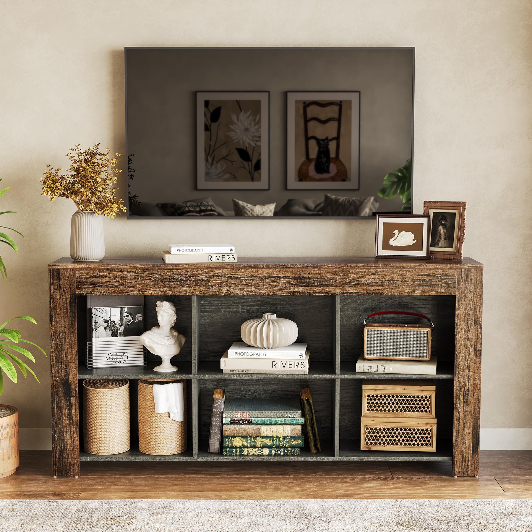 LITTLE TREE TV Stand with Storage, 63-Inch Entertainment Center with Shelves, Modern Media Console for Television up to 65" for Living Room, Bedroom, Brown + Black