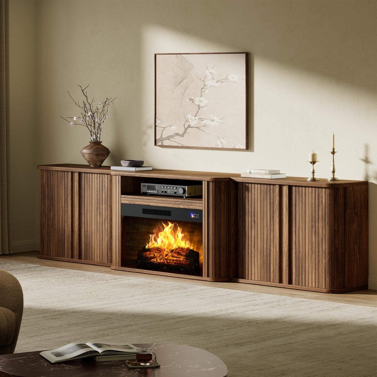 AMERLIFE 97" Fluted Electric Fireplace TV Stand, Mid Century Modern, Walnut
