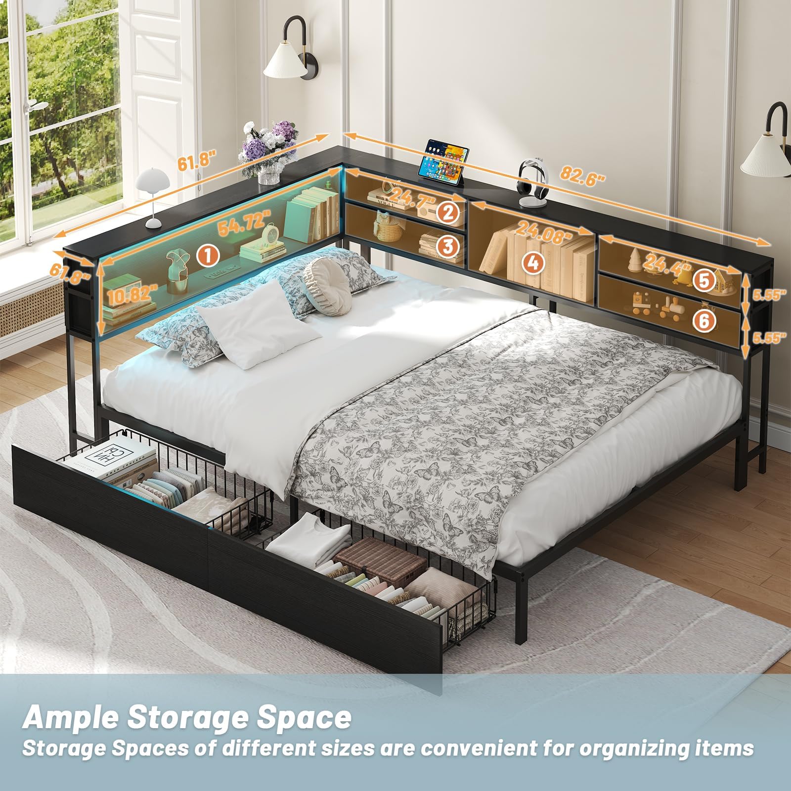 Full Size Corner Bed Frame with Storage, LED Lights & Charging Station