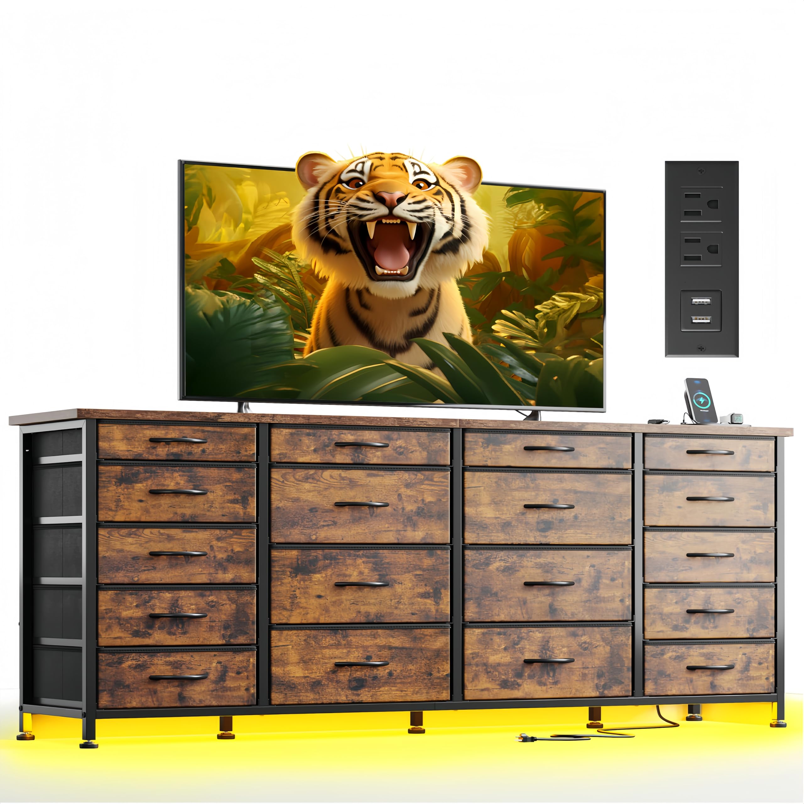 63"W TV Stand for Bedroom with LED Light & Power Outlets, Long Dresser with 18 Deep Drawers for 65 70 75 inch TV, Fabric Dresser TV Stands for Living Room Entryway Hallway Closet, Rustic Brown