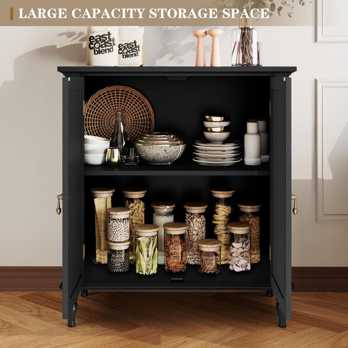 ARTPOWER Vintage Buffet Cabinet with Storage, Solid Wood Veneer, Black