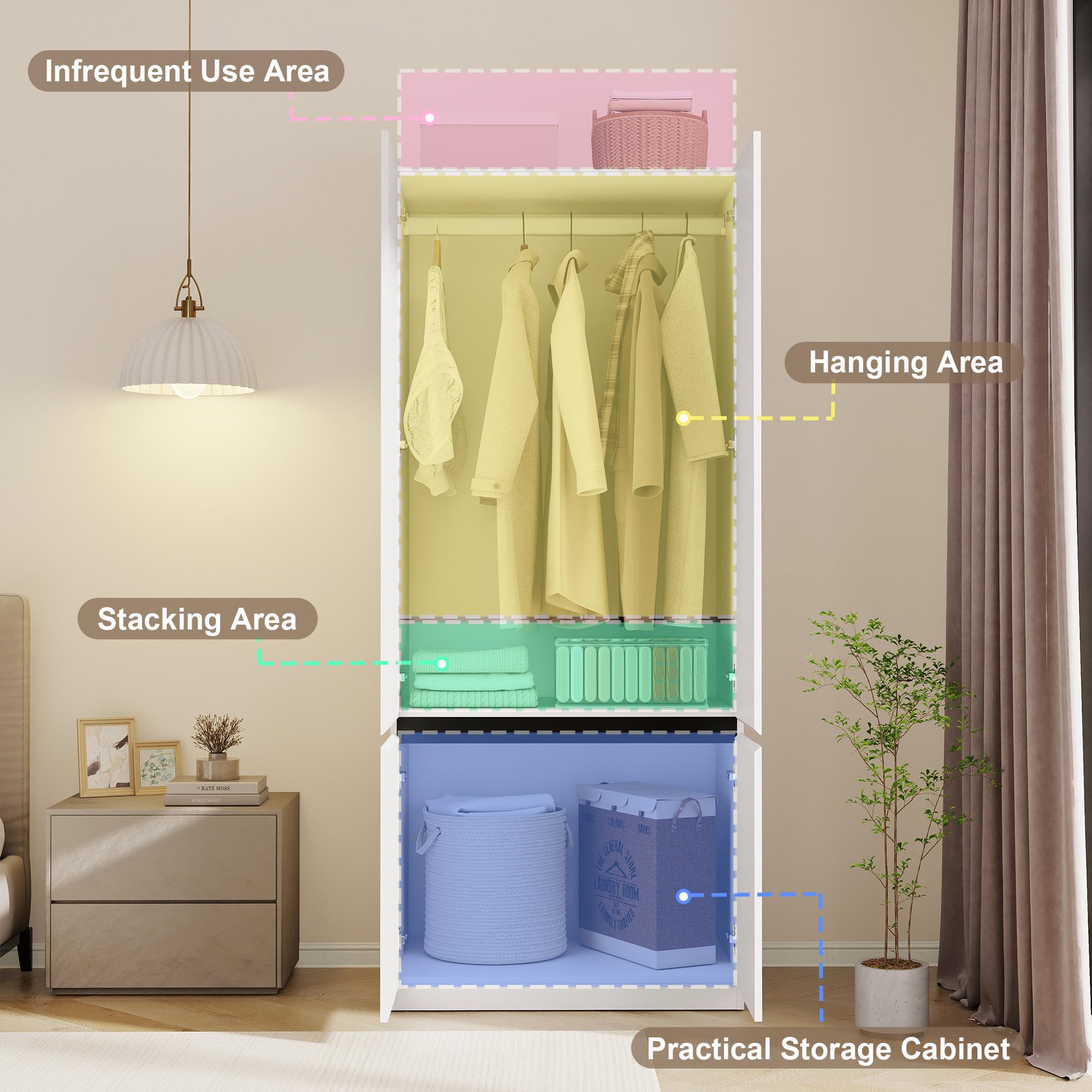 Swyanste White Armoire Wardrobe Closet: 74" Large Wardrobe Closet with 4 Doors, Wood Closets Cabinet for Hanging Clothes, Freestanding Bedroom Armoires (63 in-4 Doors)
