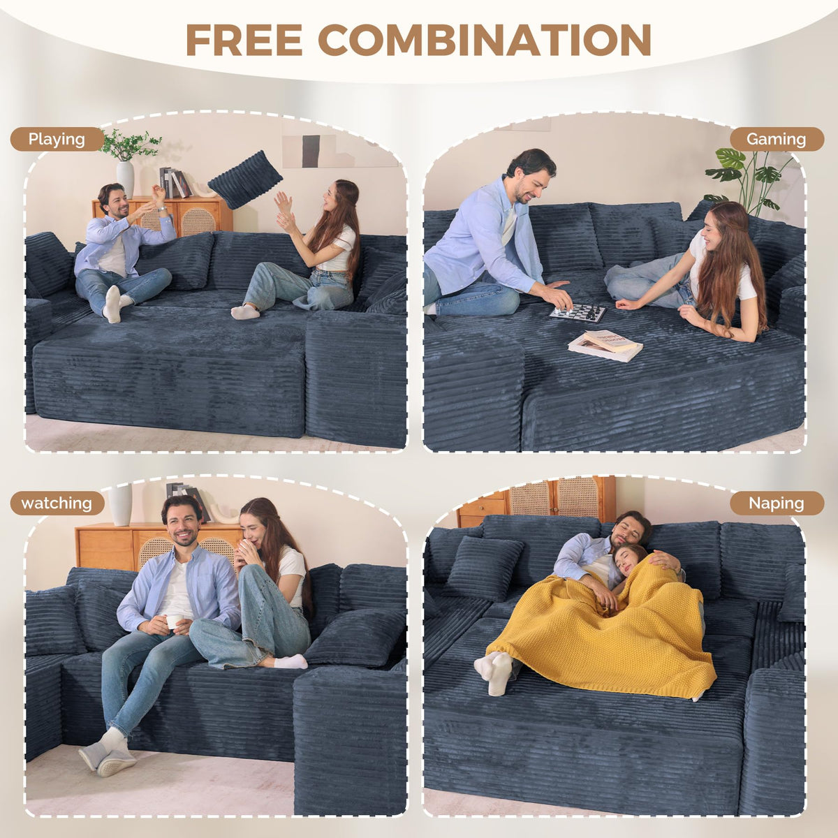 136'' Sectional Cloud Couches, Oversized U Shape 6 Seater Sofa Bed-Blue