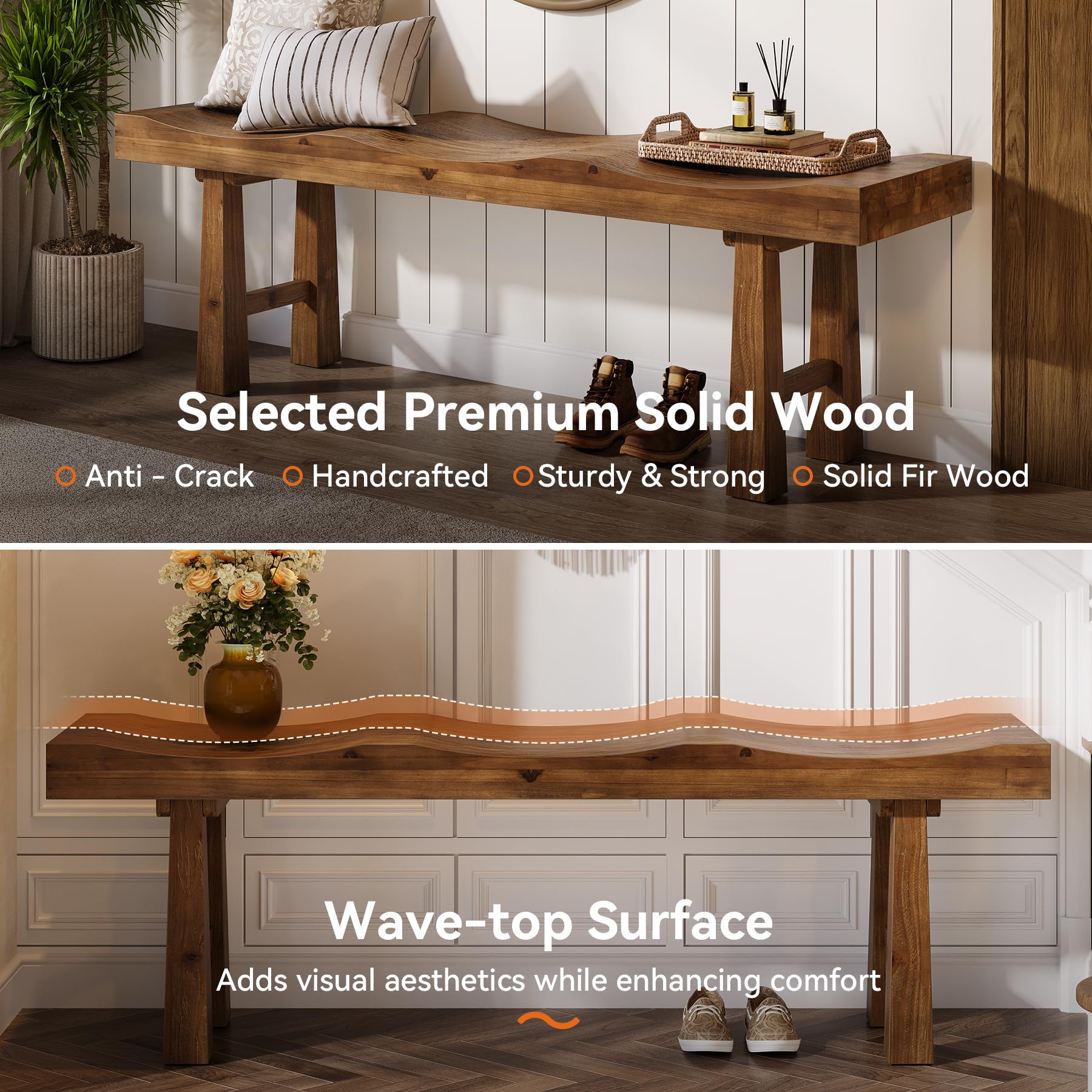 Solid Wood Entryway Bench with Wave-Top Design, 55"