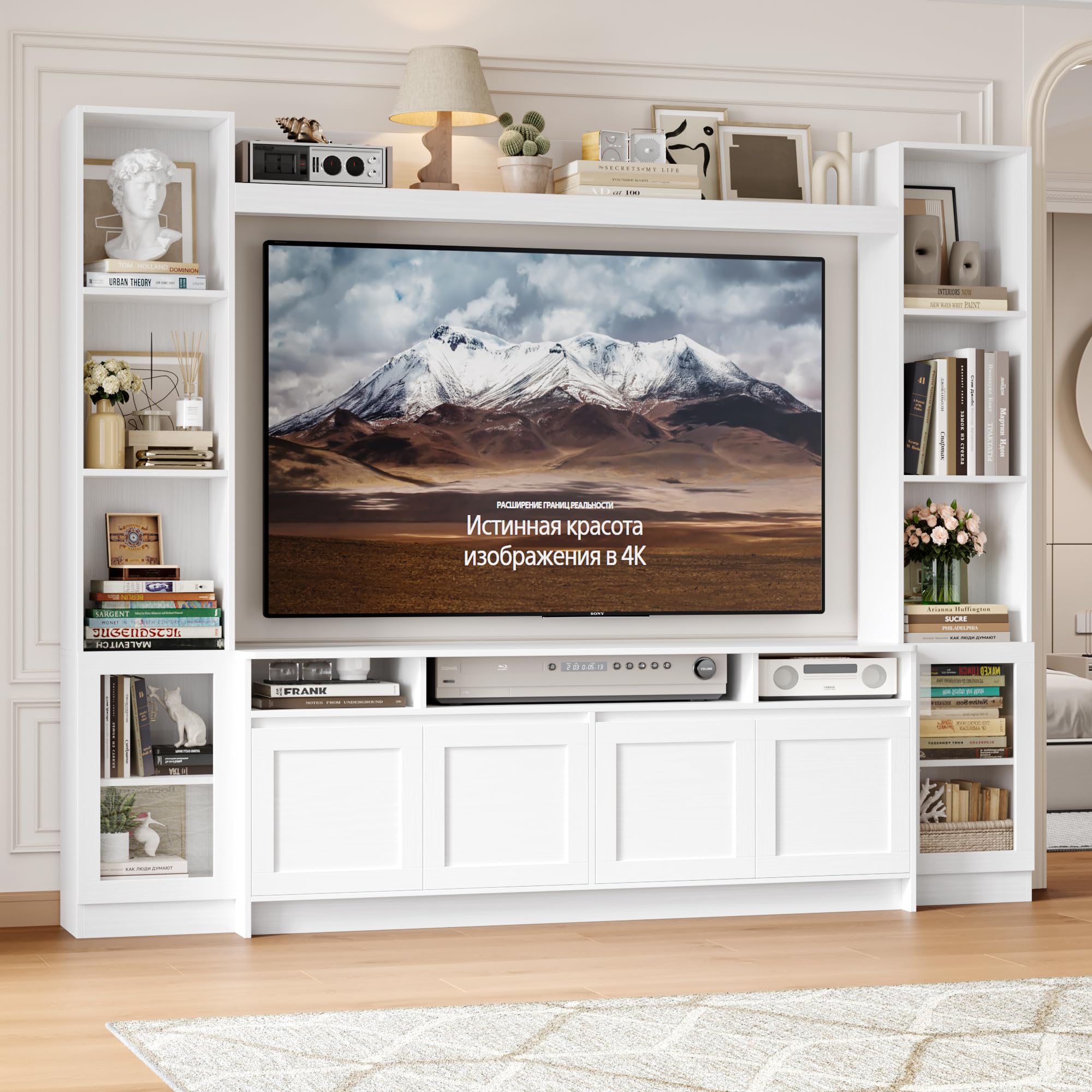 FACBOTALL 79" W Entertainment Center with Bookshelves & Storage Cabinet, Modern Wall Unit TV Stand for TVs up to 60", Large TV Console with LED Lights for Living Room, White