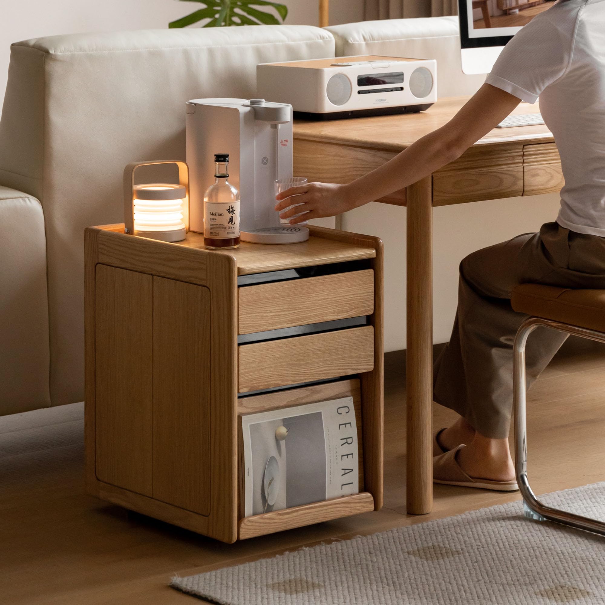 Solid Wood Rolling Side Table with Storage