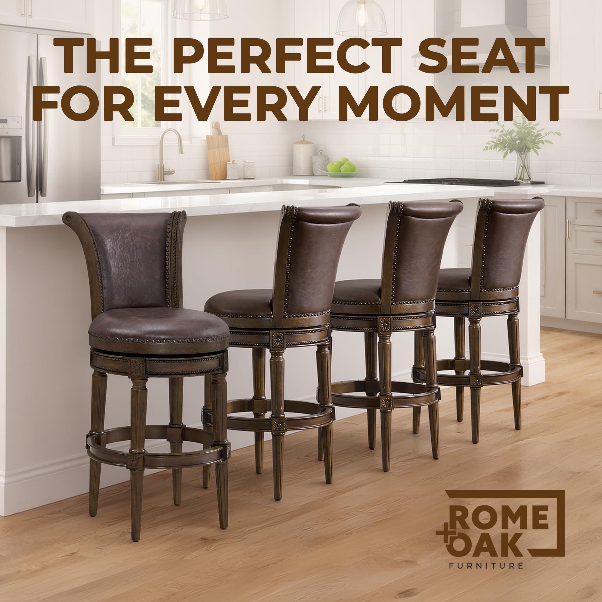 ROME + OAK Set of 4 Runyan 31" Swivel Bar Stool, High Back Barstool in Dark Walnut Finish with Vintage Brown Vegan Leather Seat