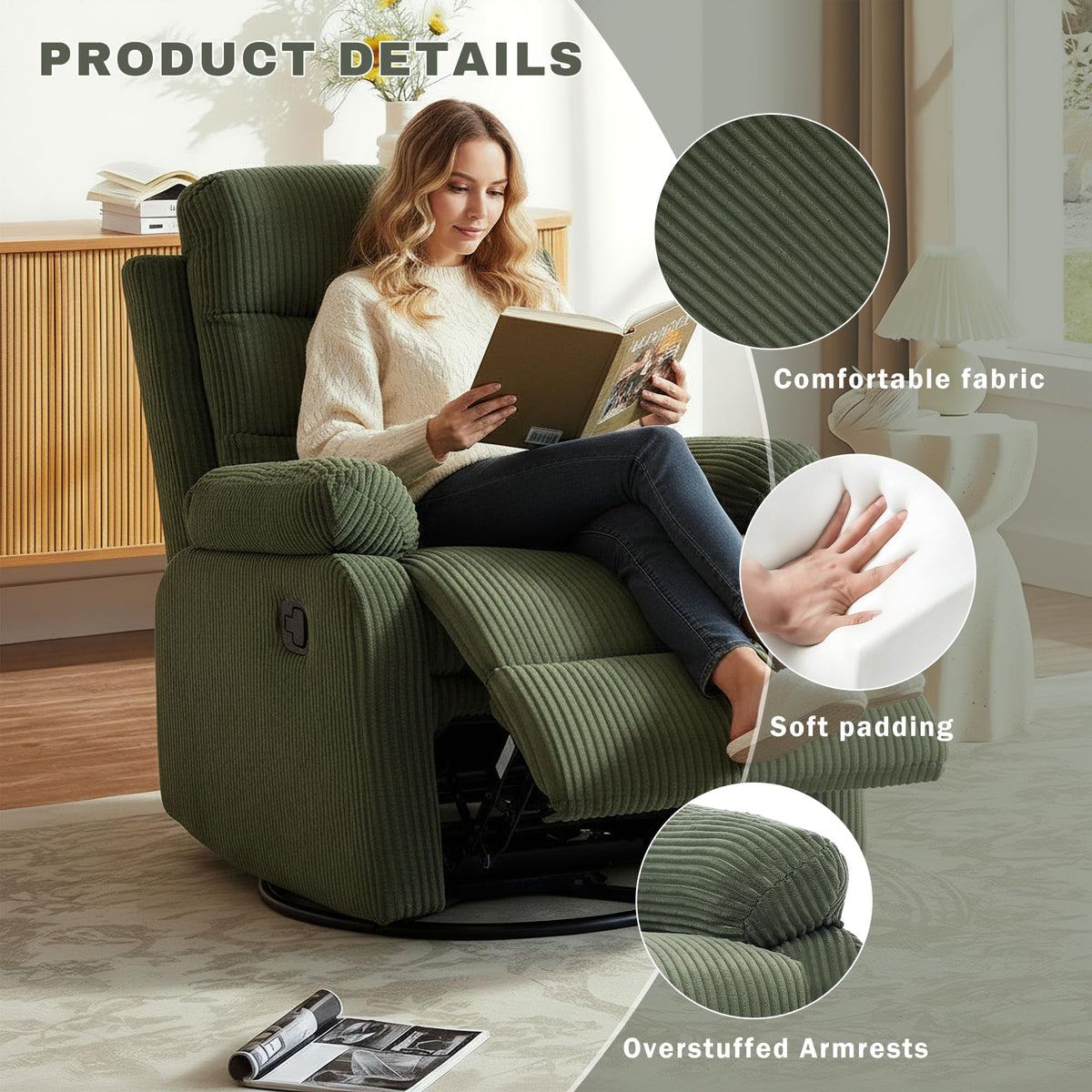 Green Corduroy Swivel Glider Recliner