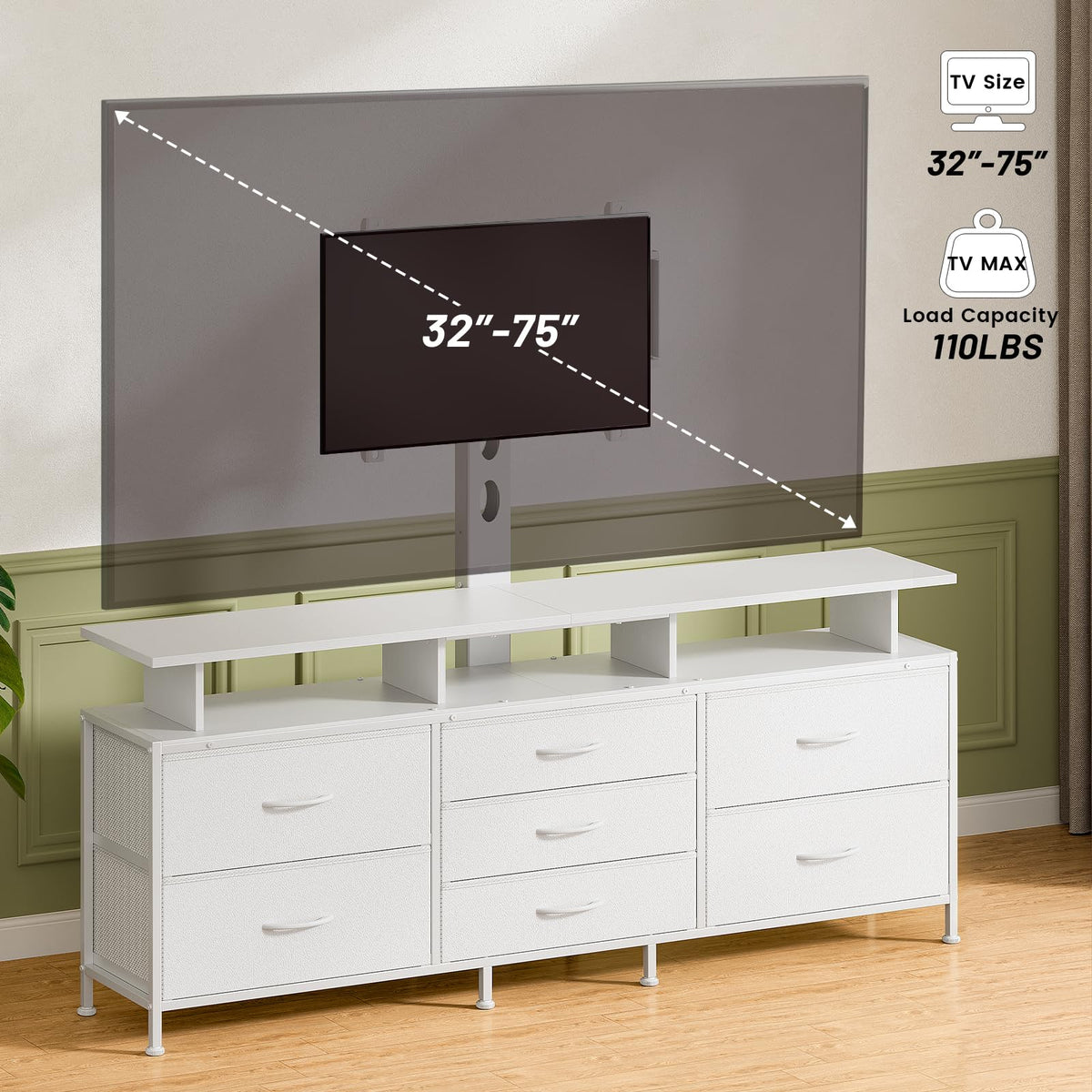 REAHOME 63 Inch 7 Drawers White TV Stand with Mount for 32–75 Inch TVs
