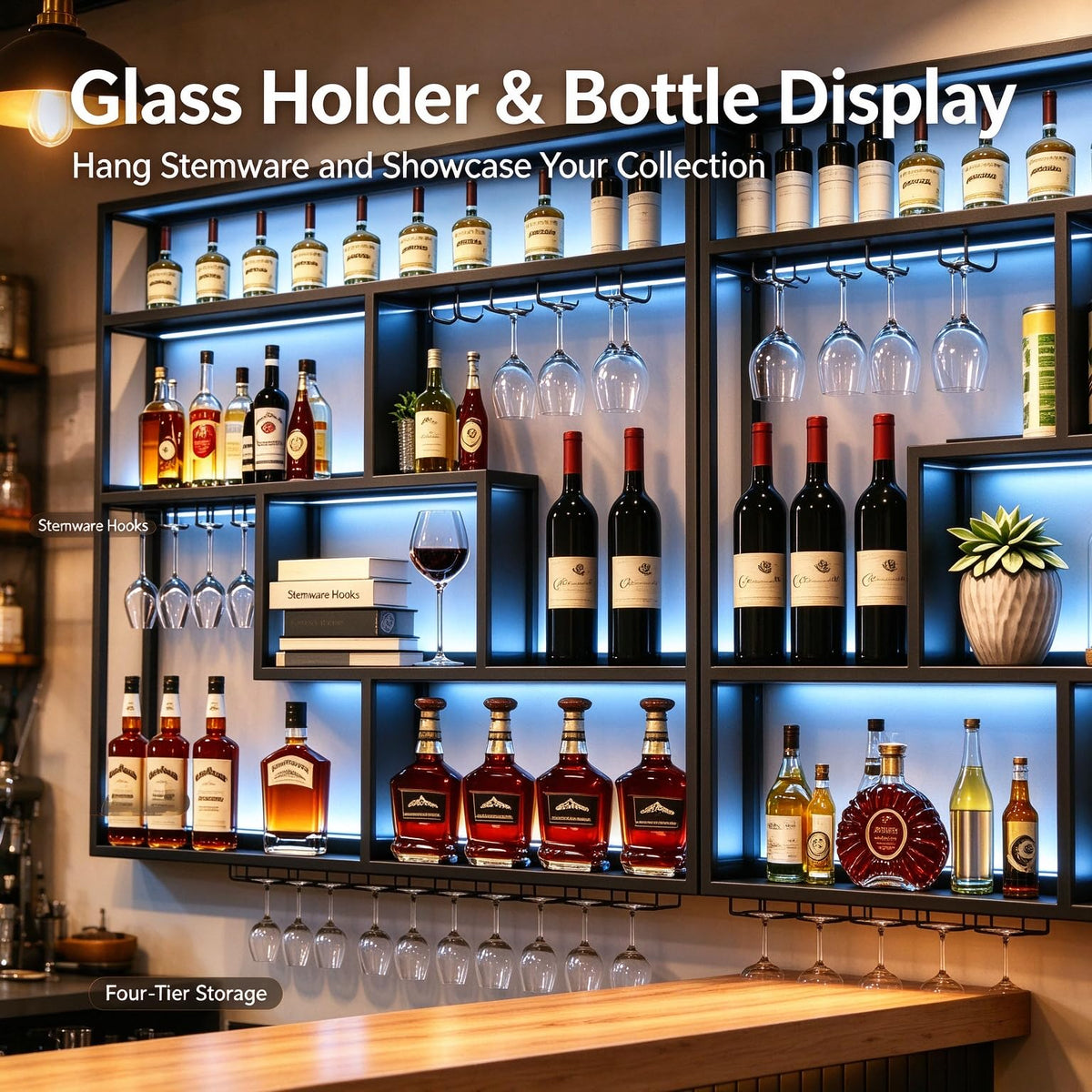 Gold Wall-Mounted Wine Rack with Glass Holder