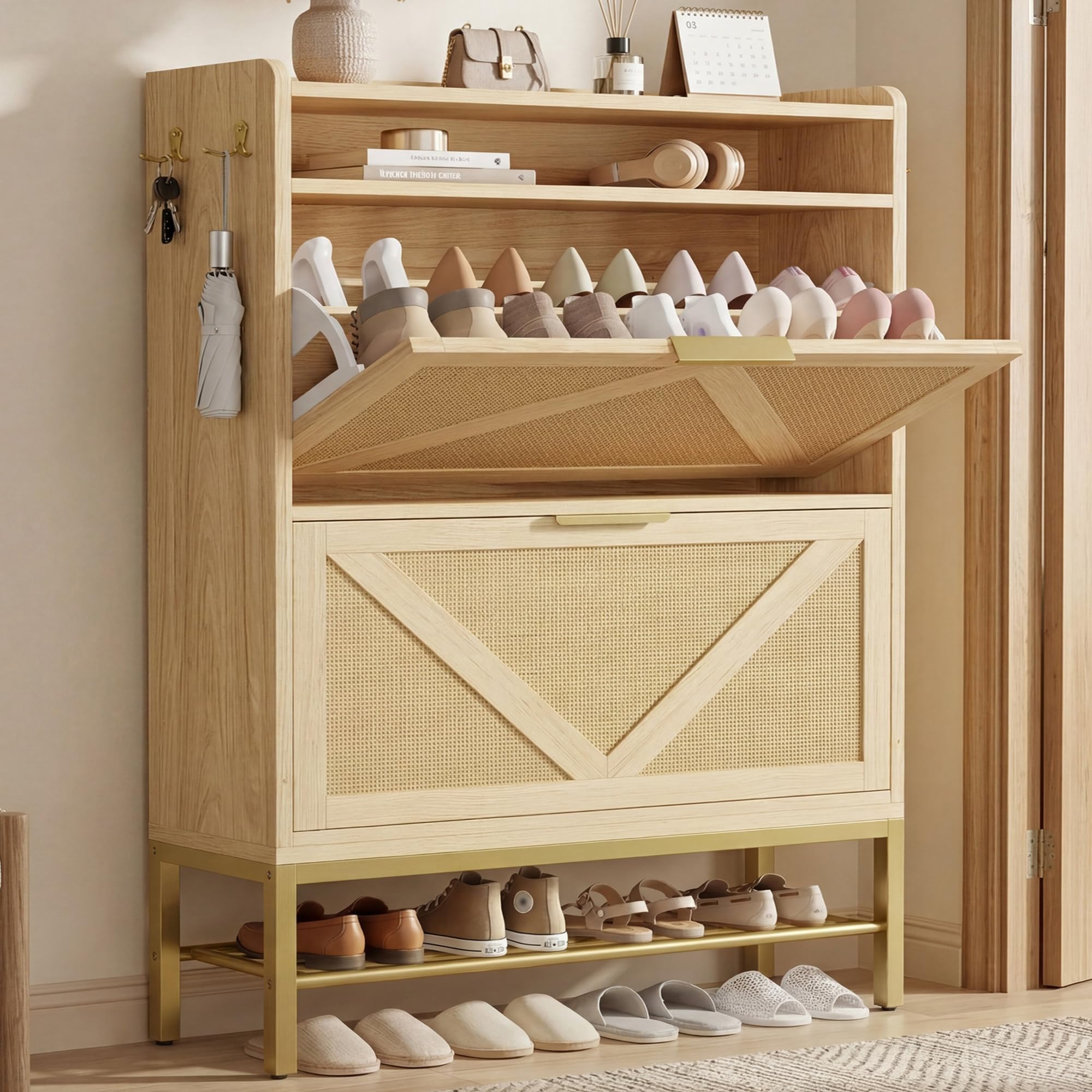 Rattan Shoe Cabinet with Flip Drawers & Side Hooks
