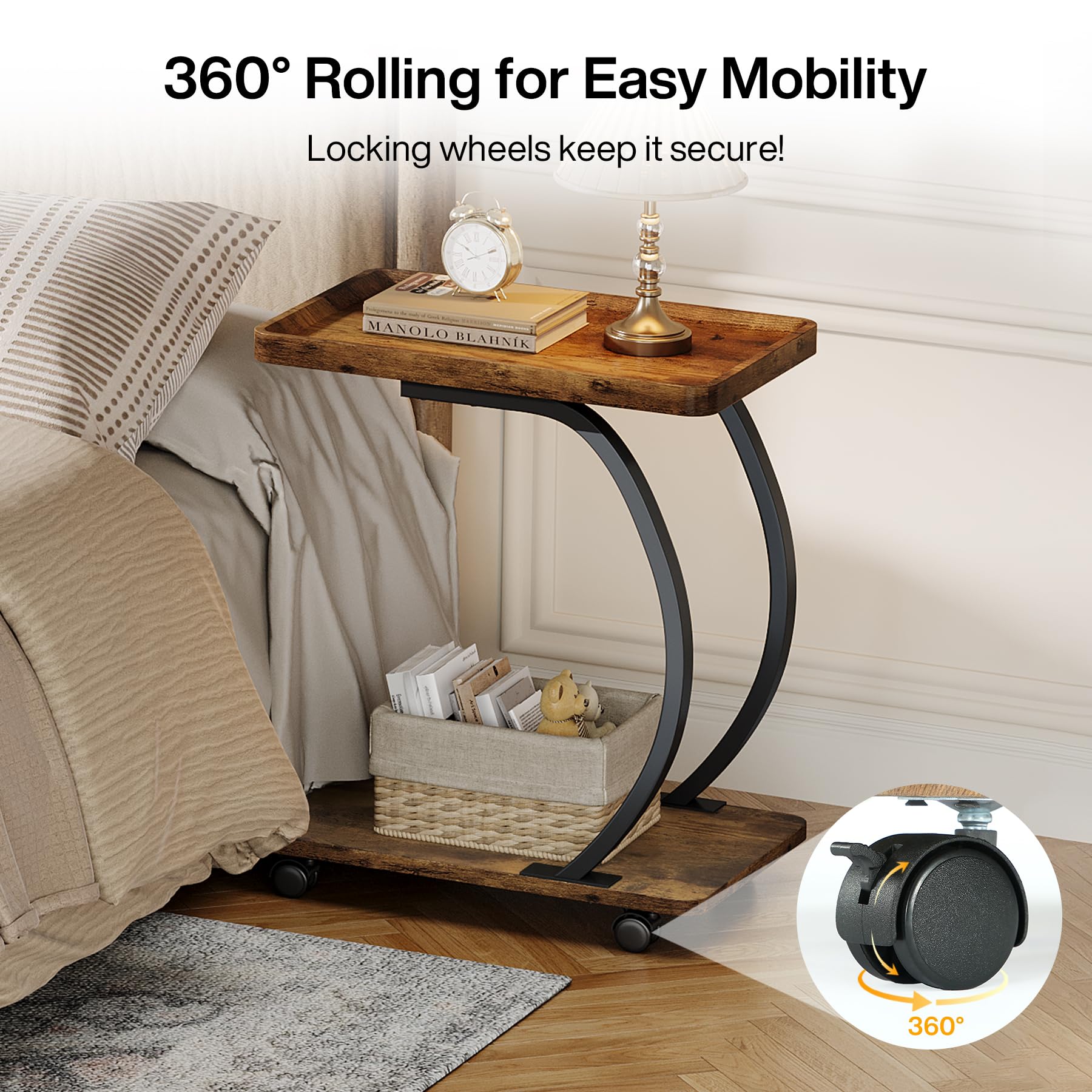 C-Shaped End Table Set of 2 with Wheels
