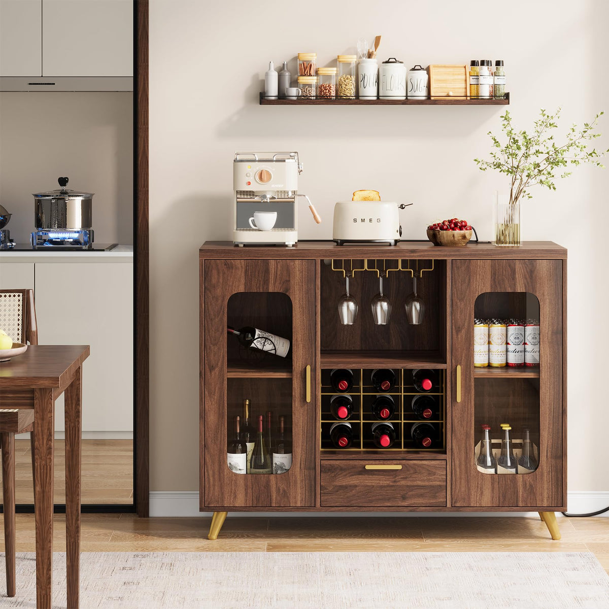 Condemo Bar Cabinet with Power Outlets, Modern Coffee Bar Sideboard with LED Light, Farmhouse Liquor Cabinet with Wine Rack, Glass Holder & Wine Storage, Walnut