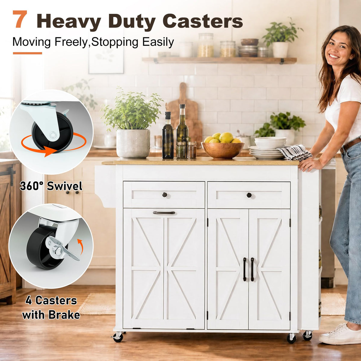 81.6"-51" Extendable Rolling Kitchen Island with Extended Dining Table & Power Outlet, Mobile Kitchen Storage Islands with Trash Cabinet, Large Islands Cart with Storage and 2 Seatings, White