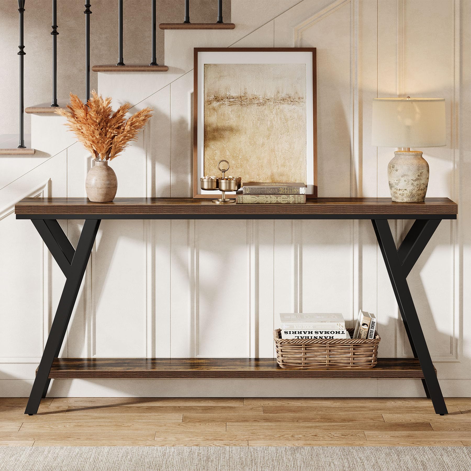 Tribesigns 70.9-Inch Narrow Long Entryway Console Table, Industrial Sofa Table Behind Couch with 2-Tier Storage Shelf for Hallway, Living Room, Entrance, Foyer, Rustic Brown