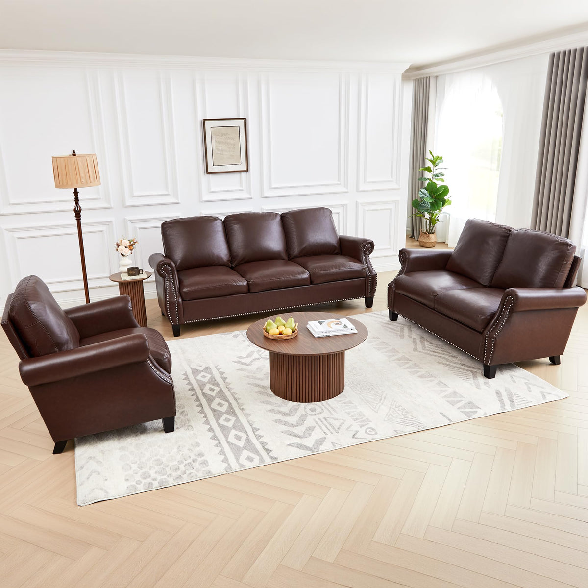Brown PU Leather Sofa Set, 3-Piece