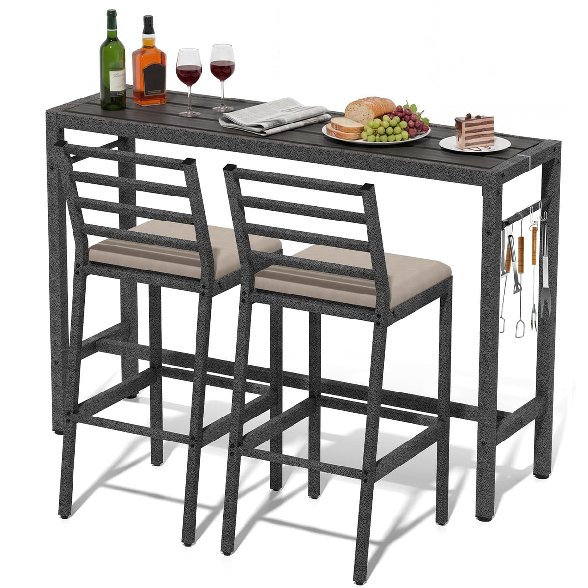 3Pcs Outdoor Patio Bar Set, 55" Rectangular High Top Table & Chair Set