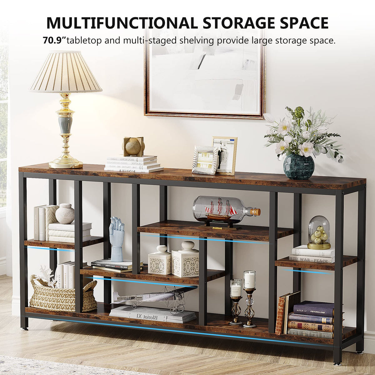 Tribesigns Console Sofa Table, 70.9 inch Extra Long Table Behind Couch with Storage Shelves, 3-Tier Industrial Narrow Entryway Hallway Accent Table for Living Room, Rustic Brown