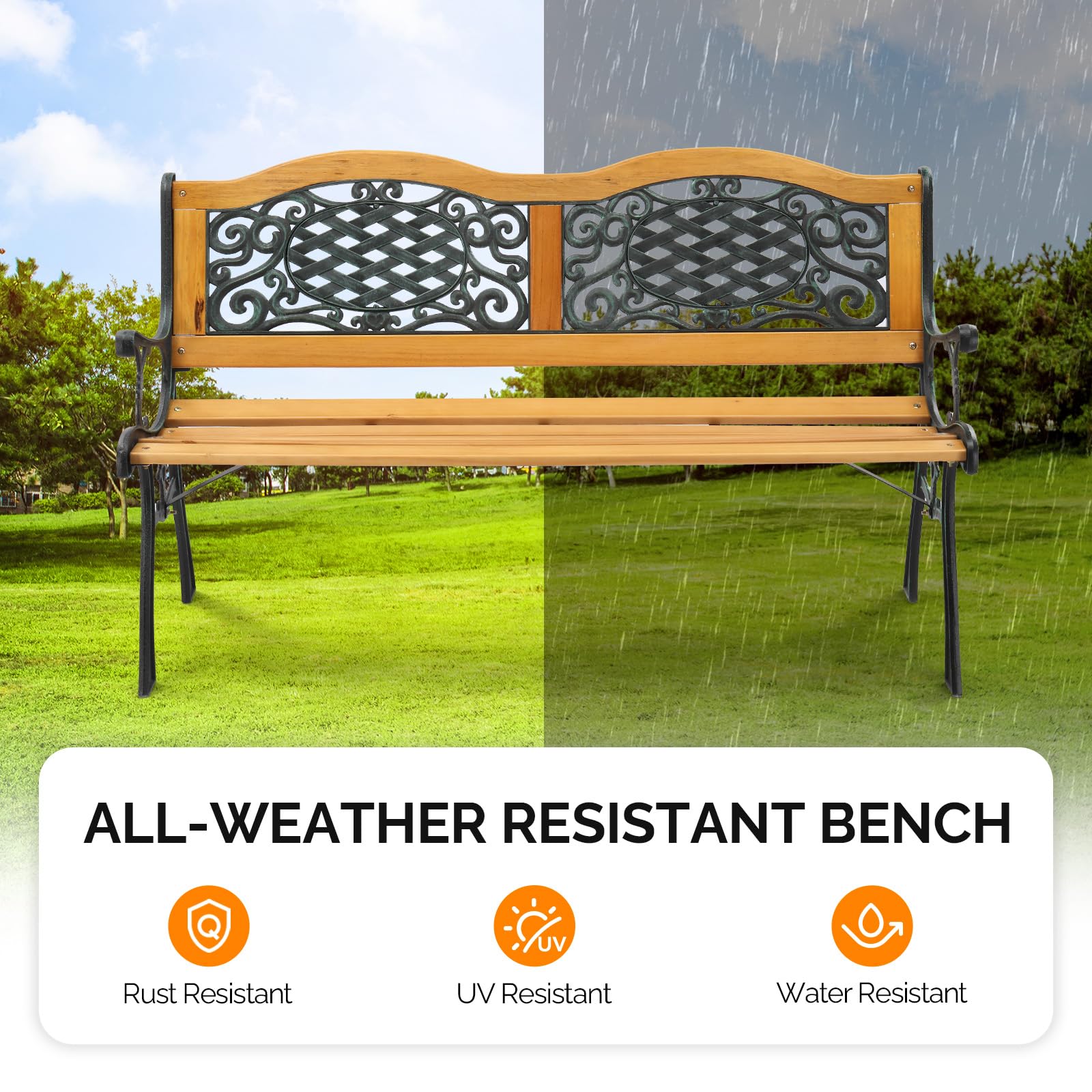 Arched Back Outdoor Bench – Cast Iron & Teak, 3-Seater
