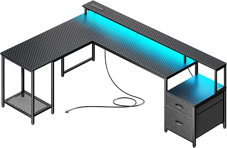 L-Shaped Gaming Desk with LED Lights & Storage