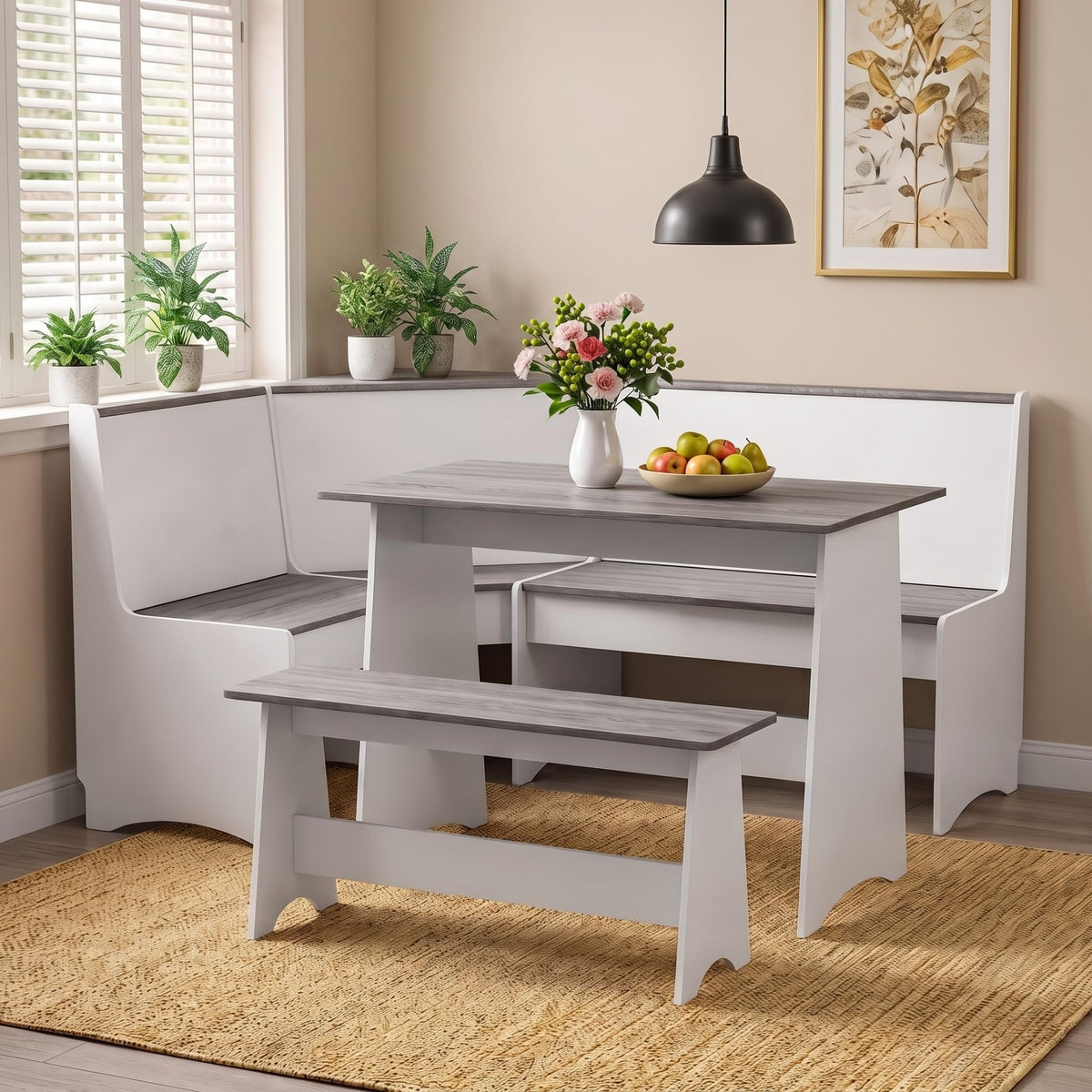 Dekoryn Corner Breakfast Nook Table Set, White and Grey