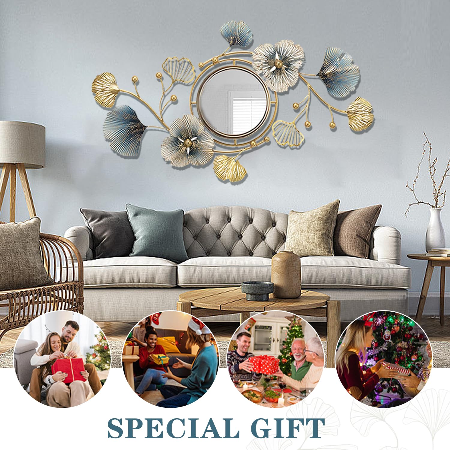 Ginkgo Leaf Wall Mirror – 3D Metal Decorative Mirror