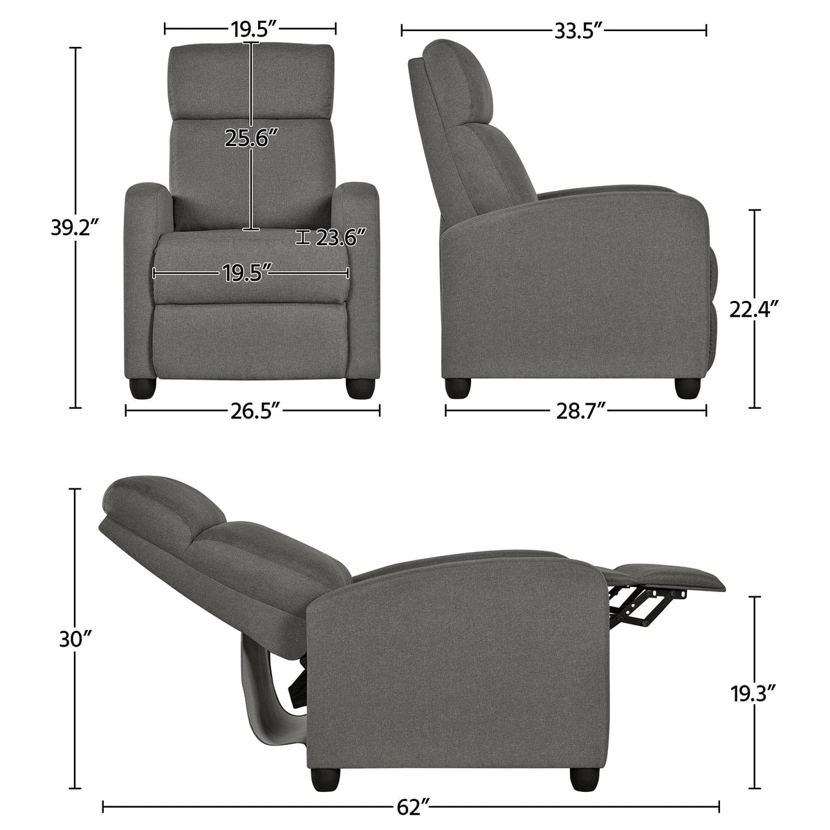 Yaheetech Home Theater Seating Fabric Recliner Chair Gray