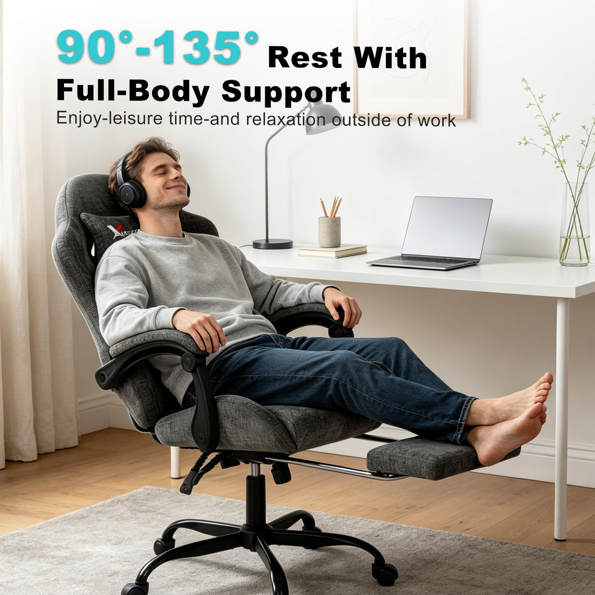 Grey Fabric Gaming Chair with Footrest
