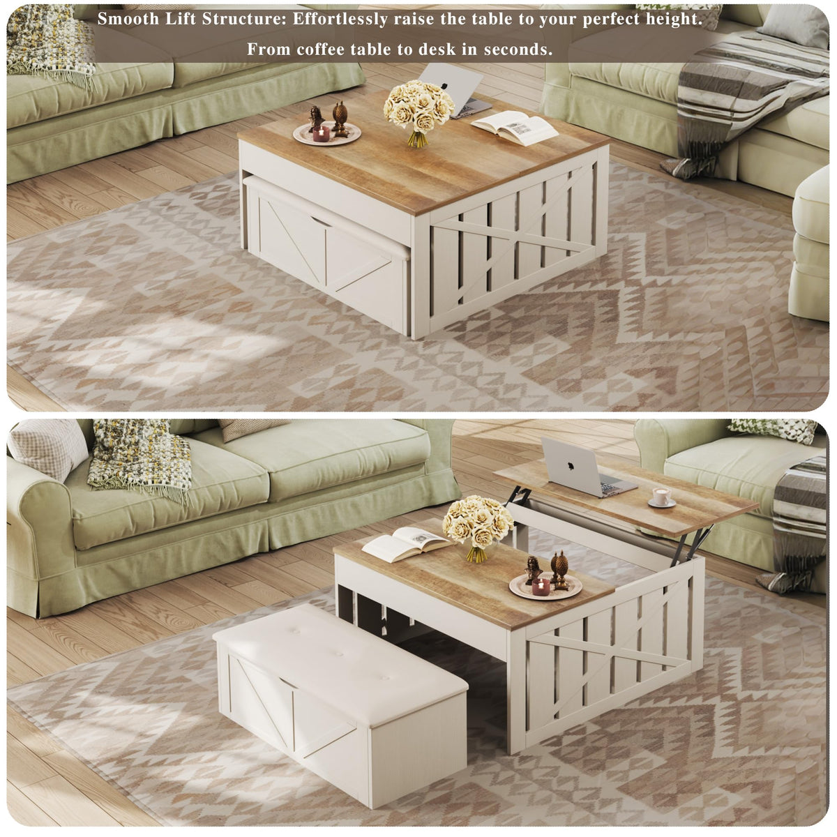White Lift-Top Coffee Table with Storage Bench