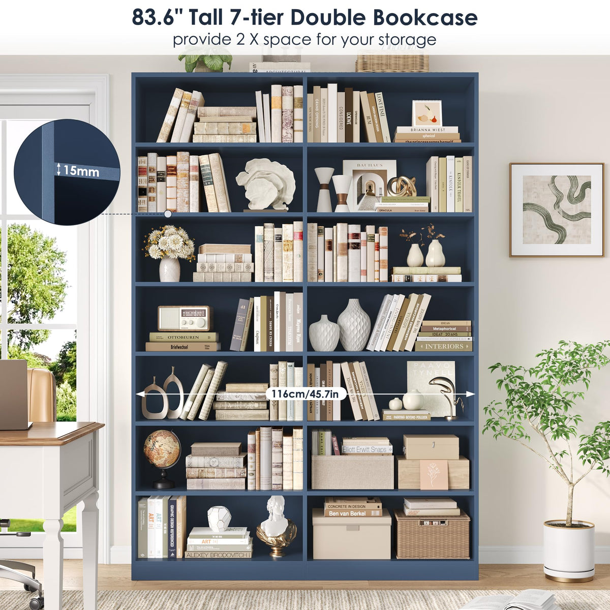 FACBOTALL 83.7" Tall Bookshelf and Bookcase, 7-Tier Double Bookshelves Blue