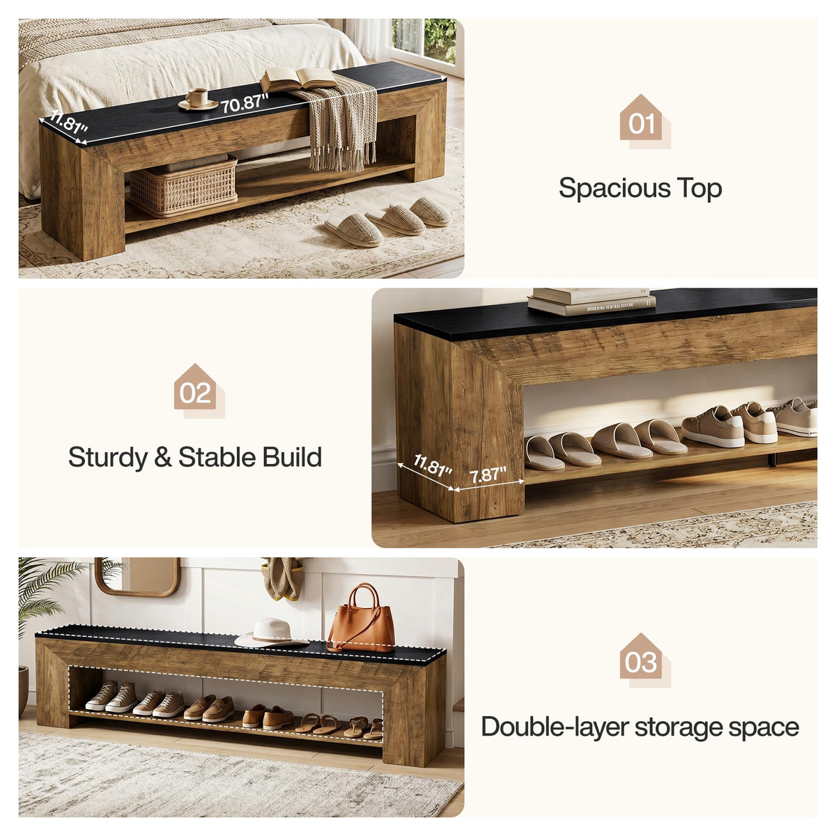 Tribesigns 71-Inch Extra Long Entryway Bench with Shoe Storage, Farmhouse Shoe Bench with 2 Shelves, Wooden Indoor Seating for Hallway, End of Bed, Living Room, Mudroom, Rustic Brown & Black