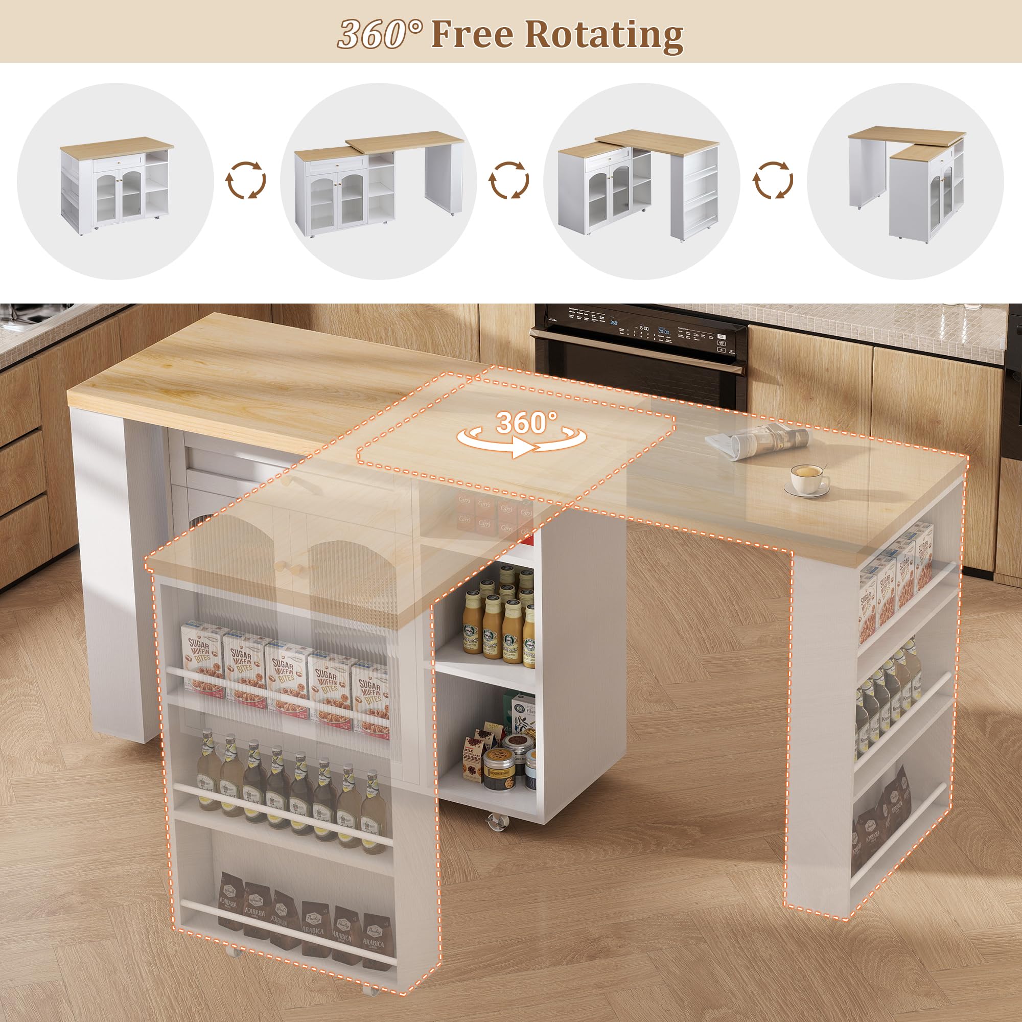 Rolling Kitchen Island with 360° Rotating Tabletop