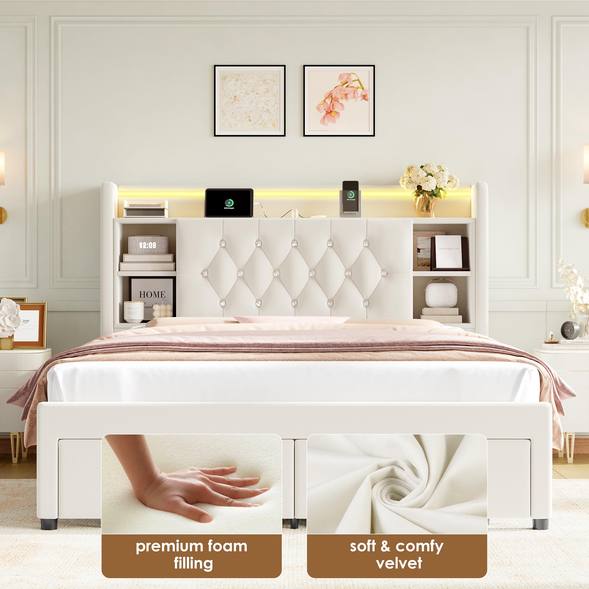Upholstered Platform Bed with LED Headboard & Storage Drawers