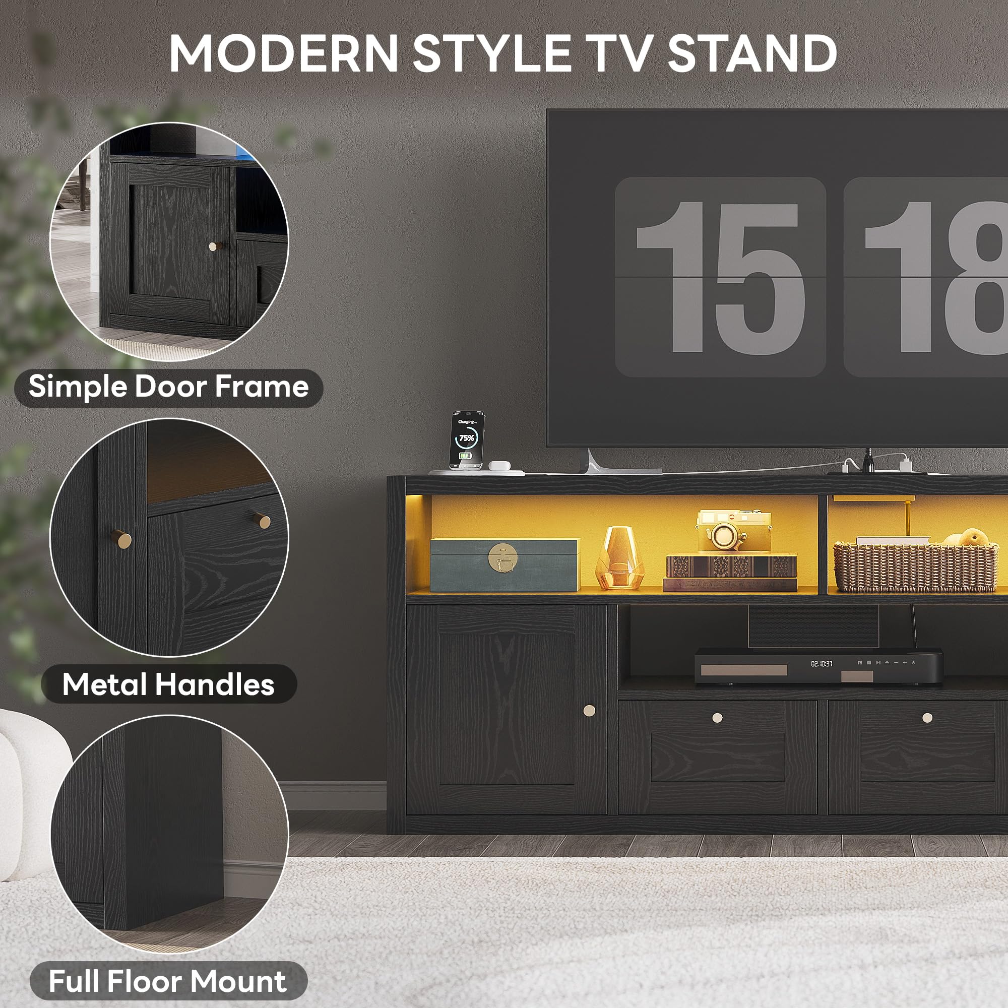 57" TV Stand with LED Lights & Charging Station