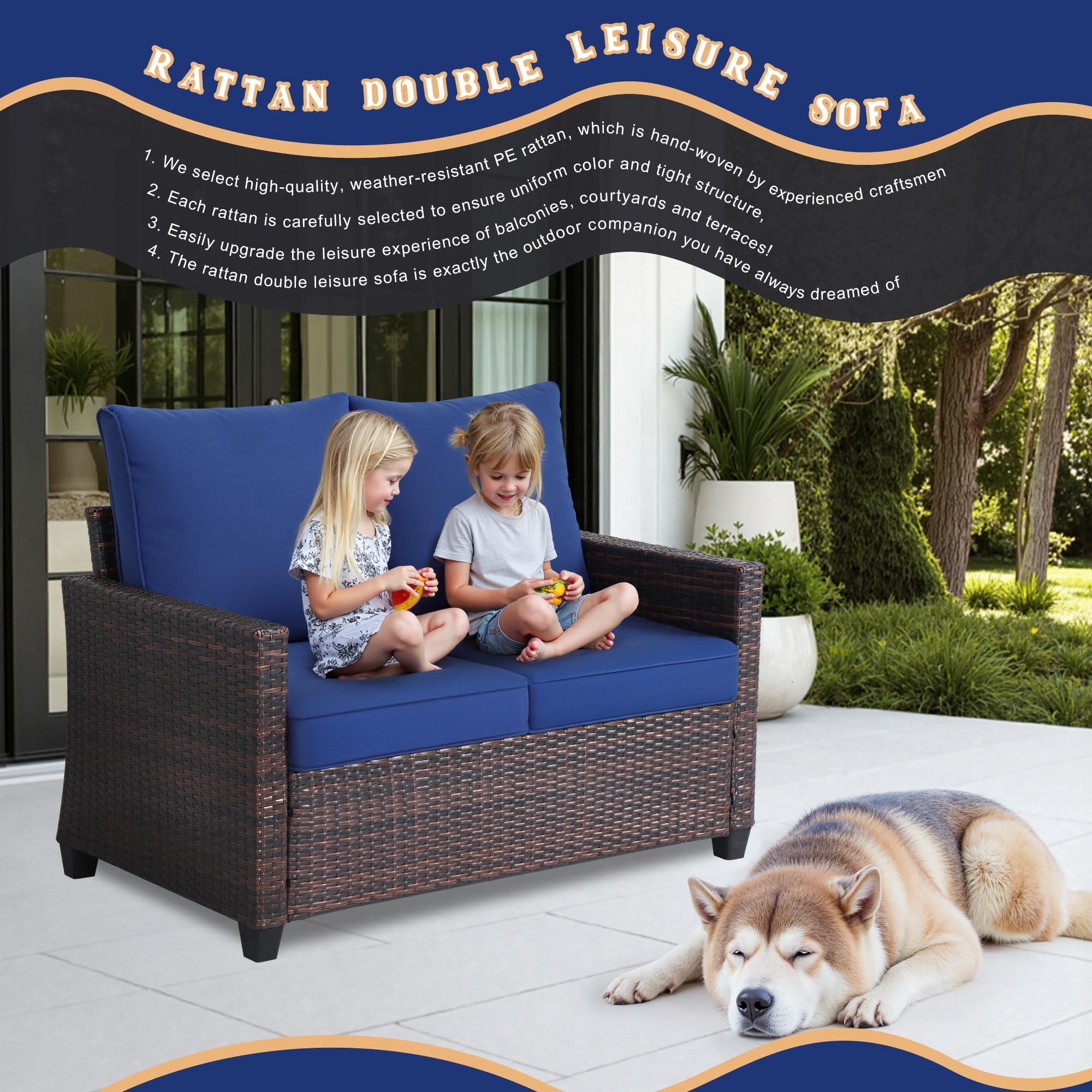 Outdoor Rattan Loveseat with Deep Seat Cushions