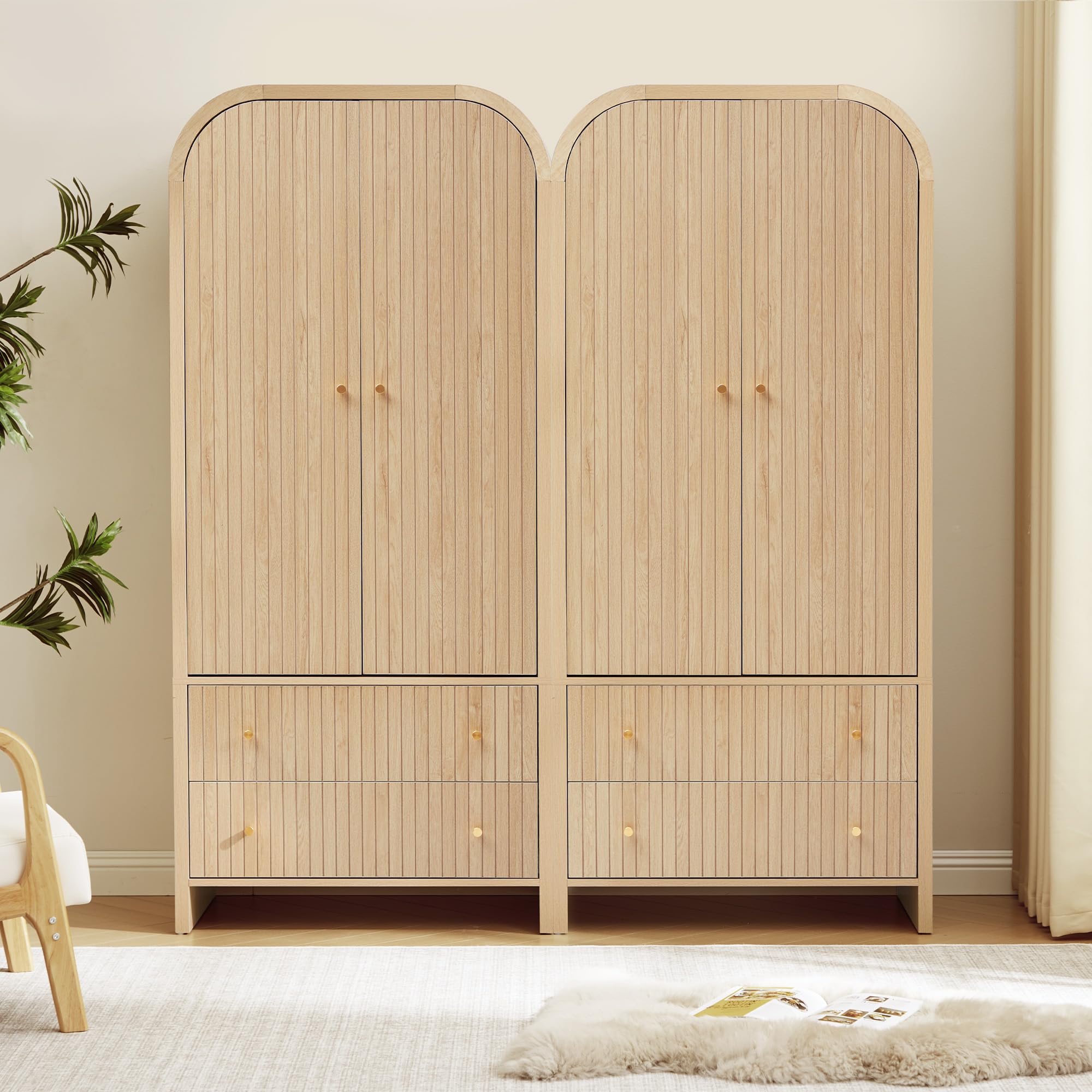 Arched Armoire Wardrobe Closet with Hanging Rod & 2 Drawers