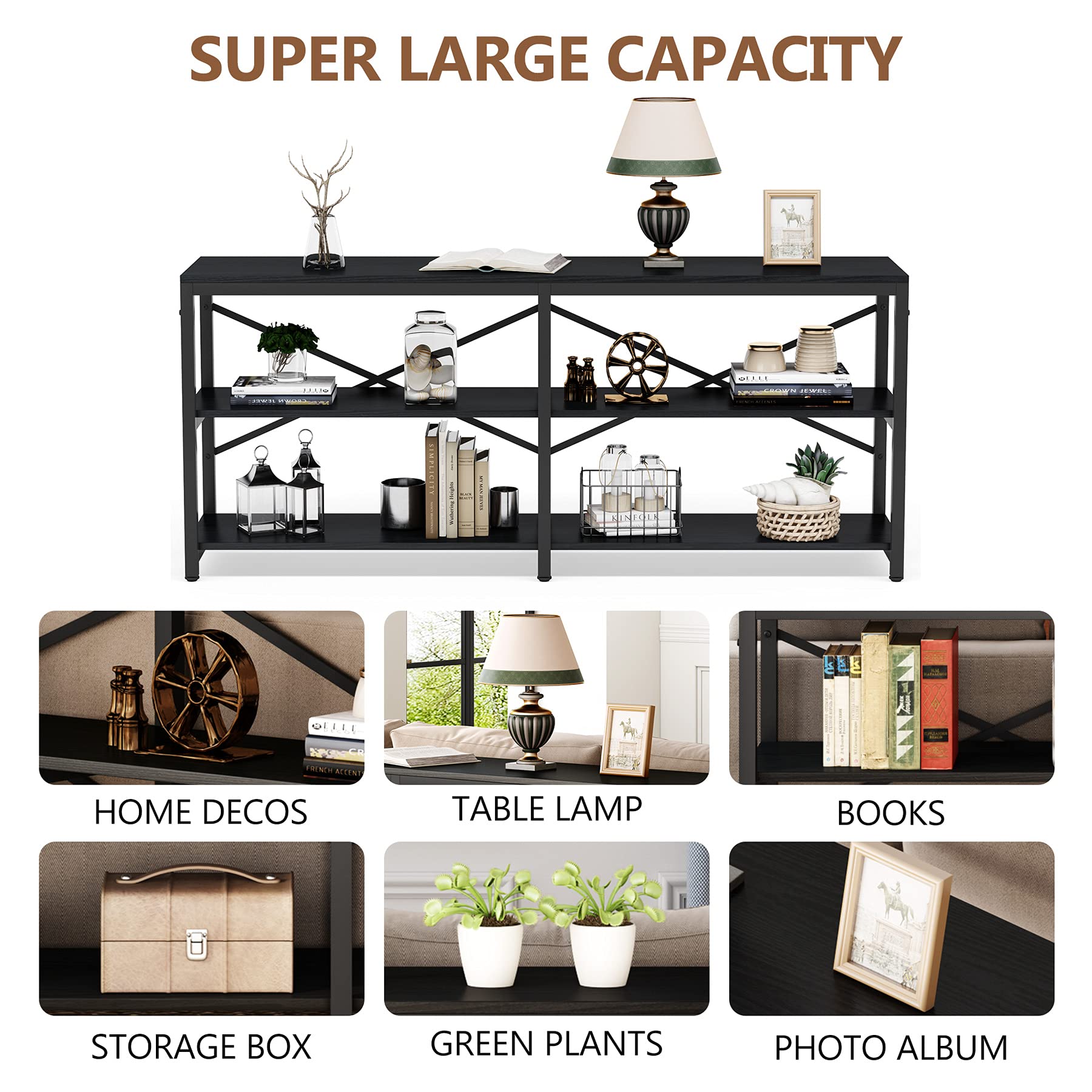 Tribesigns 70.9 Inch Extra Long Console Table, Modern Sofa Table Behind Couch Table with Storage Shelves, 3-Tier Industrial Hallway Entryway Table for Living Room, 3 Shelf Bookshelf(Black)