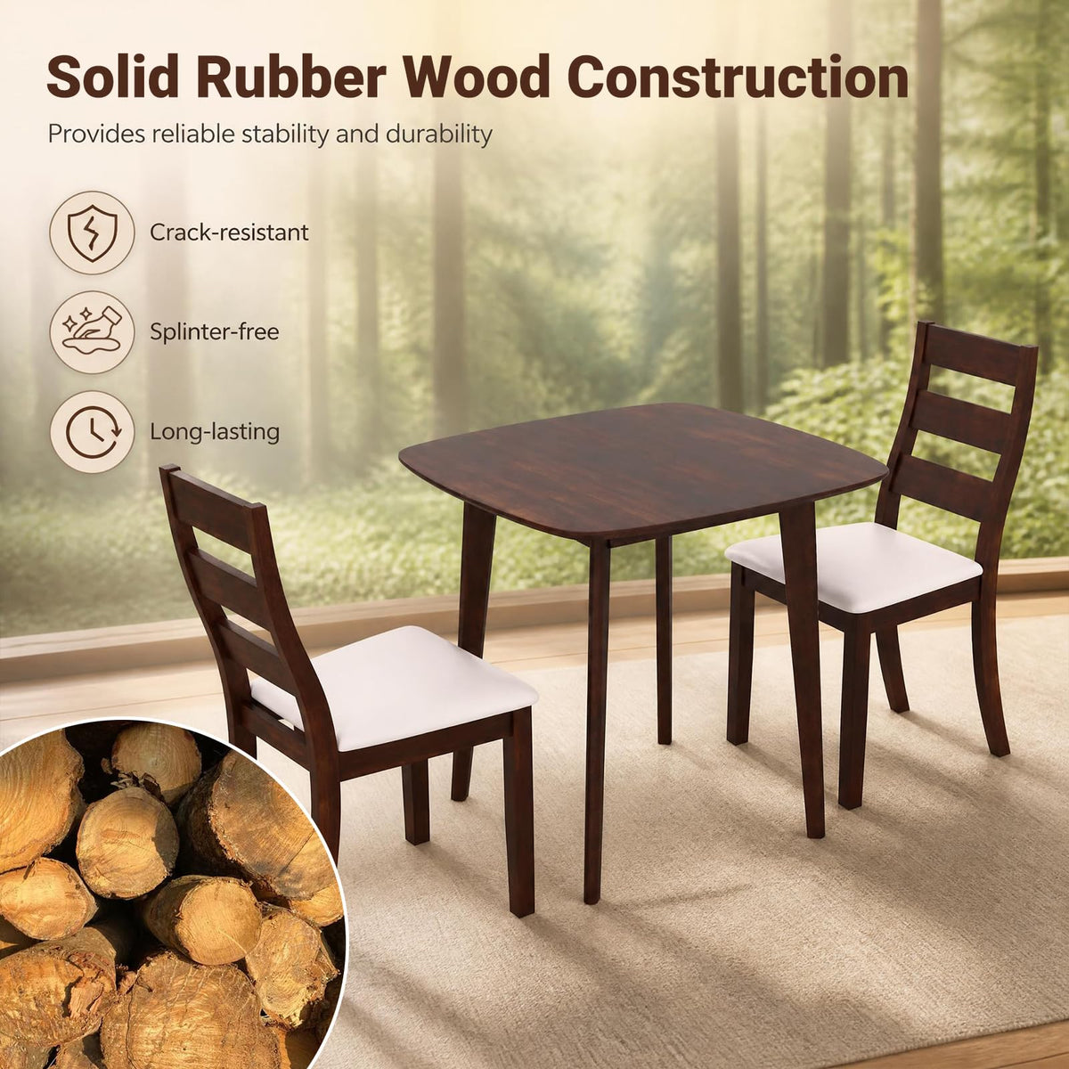 GIANTEX Small Dining Table Set for 2, Wood Square Kitchen Table and 2 Dinner Chairs with Upholstered Seat & Curved Backrest, Space-Saving Dinette Set for Small Space, Living Room, Dining Room