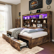 Jocisland Twin Bed Frame Bookcase Headboard, USB/LED＆3 Drawers, Rustic Oak