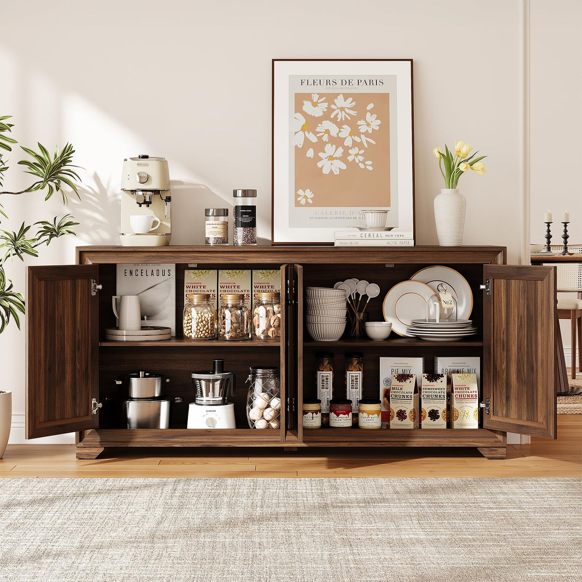 ONBRILL 60" Buffet Cabinet with Storage, 4 Doors & Adjustable Shelves Brown