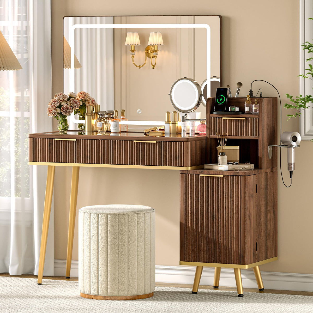 Fluted Glass Top LED Makeup Vanity