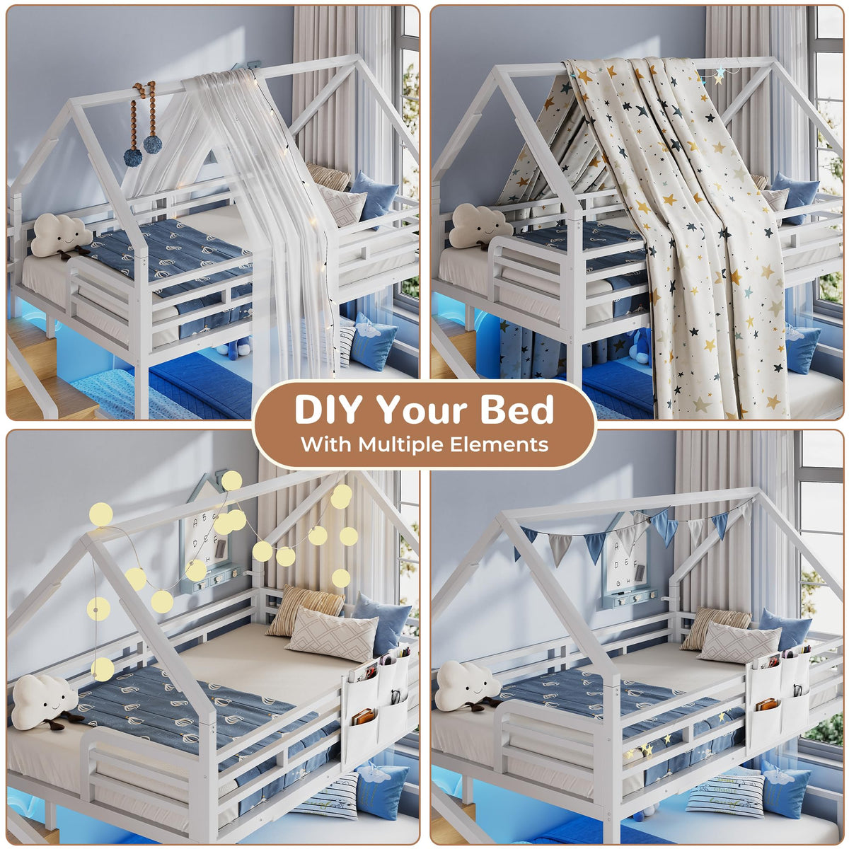 Jocoevol Metal Bunk Bed Twin Over Twin with Storage Staircase, Clothes Rack, LED Twin Bunk Beds for Kids with 2 Storage Drawers, Full-Length Guardrail, No Box Spring Needed, Easy Assembly, White