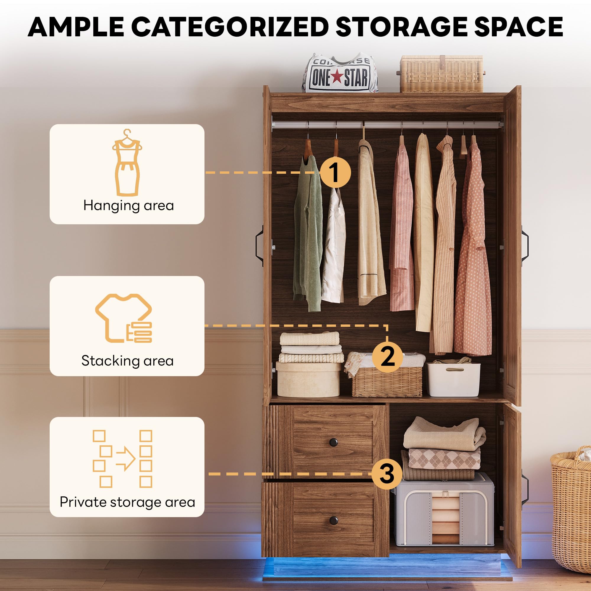 Farmhouse Wardrobe Closet with LED Lights & Hanging Rod