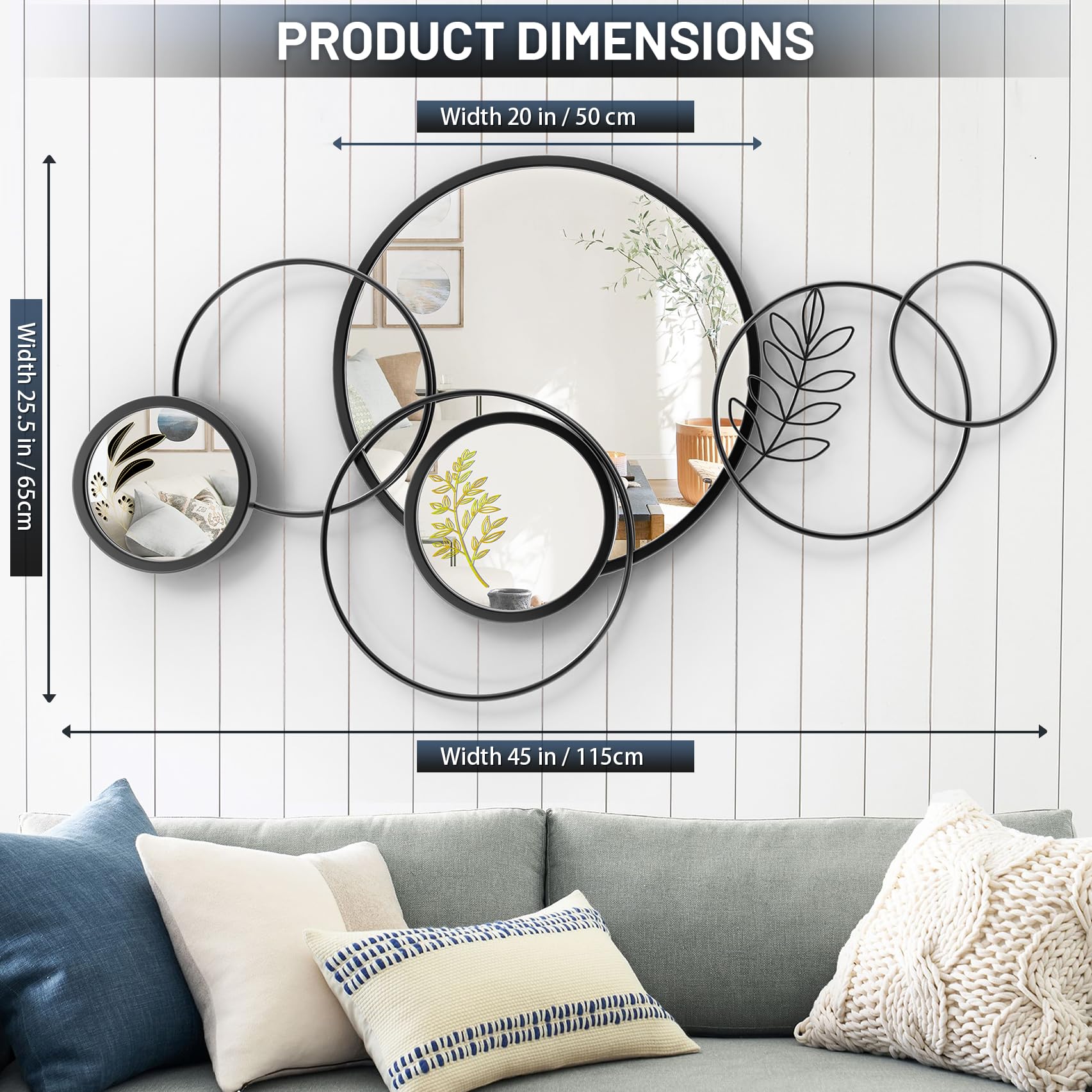 Round Black Metal Wall Mirror 45"x25.5"