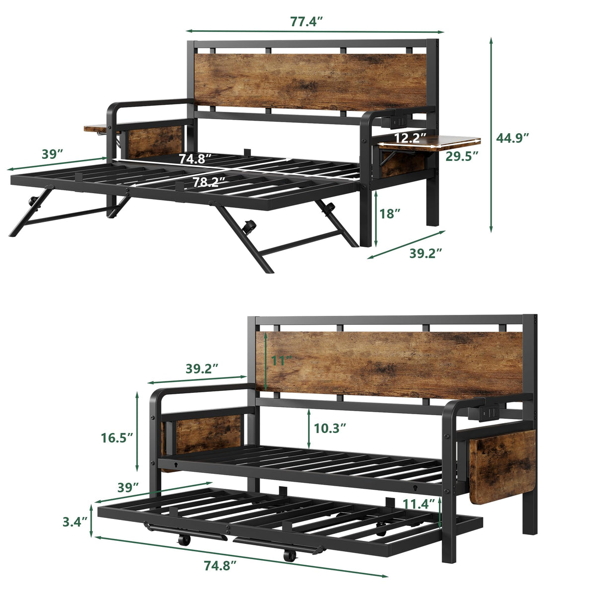 Jocoevol Daybed with Trundle and LED Light, Heavy Duty Metal Twin Bed Frame with Movable Charging Station, Day Bed Pop Up Trundle Bed Twin for Living Room, Bedroom and Guest Room, Brown