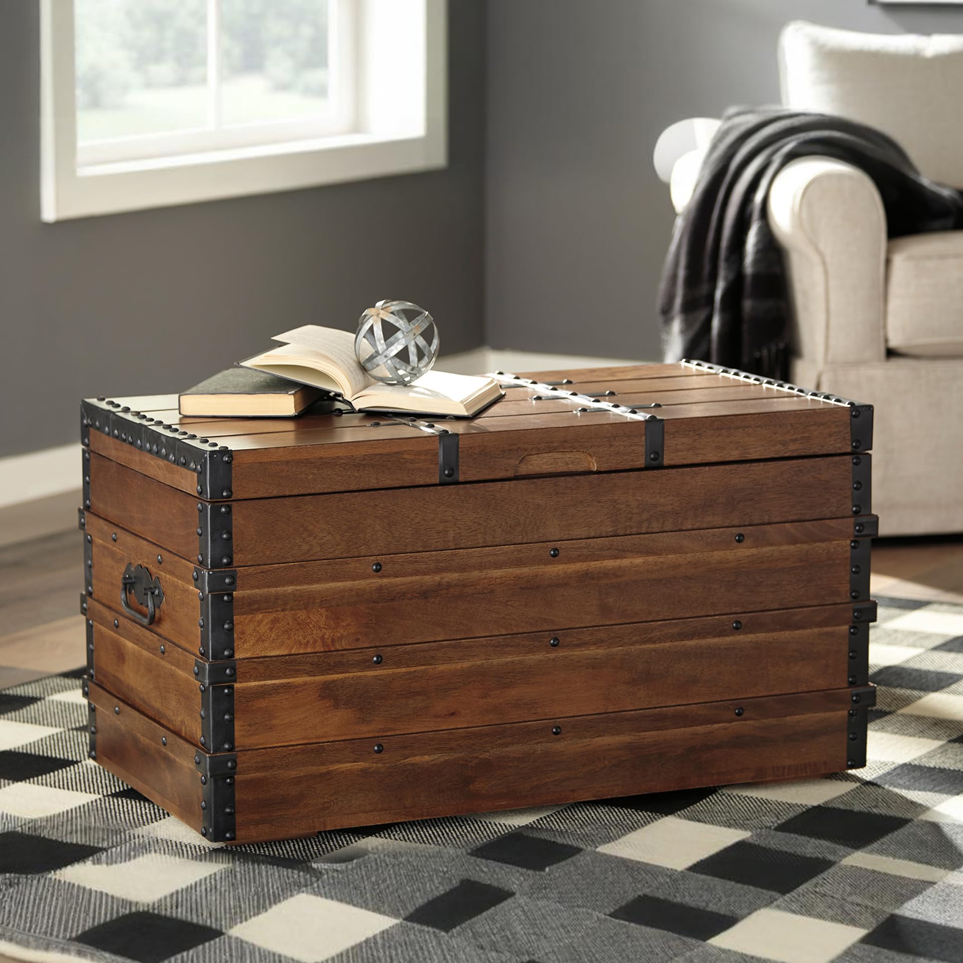Wooden Storage Trunk with Hinged Top – Dark Brown