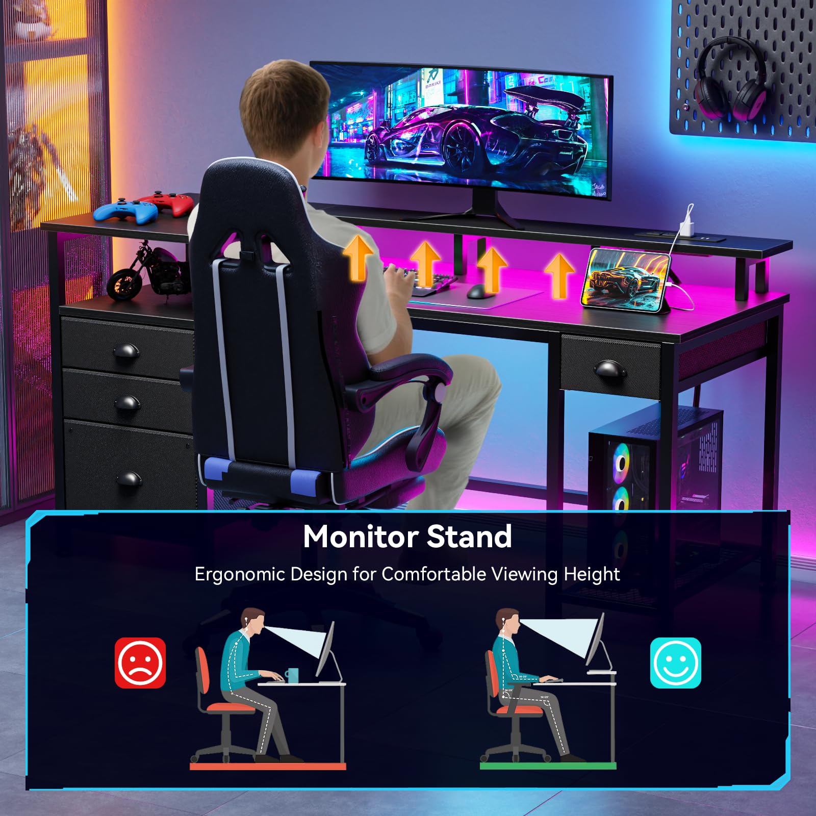 Furologee 60" Black Computer Desk with 4 Drawers and Printer Space, Gaming Desk with LED Lights and USB Power Outlets, Home Office Desk with Fabric File Cabinet,Study Work Table with Shelf for Bedroom