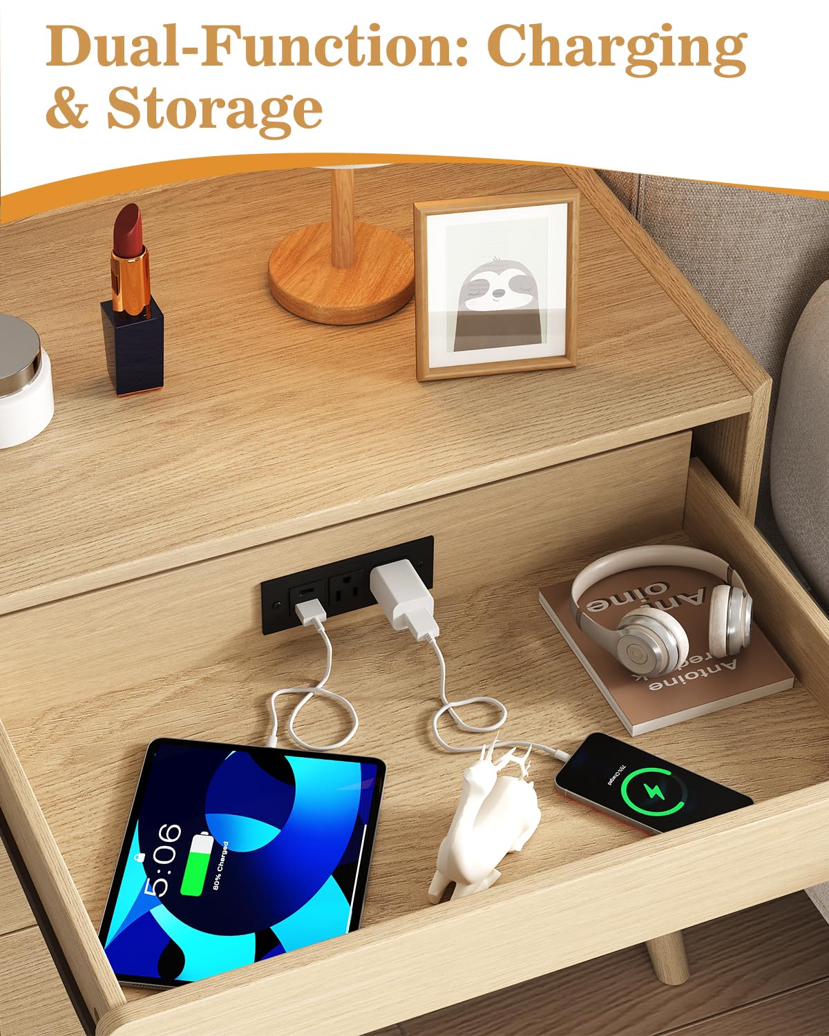 24" Wide Nightstand Set of 2, Hidden Charging Station, 2 Drawers Night Stand with Pull-Out Shelf, Modern Beside End Table for Bedroom, Living Room, Closet, Natural Wood