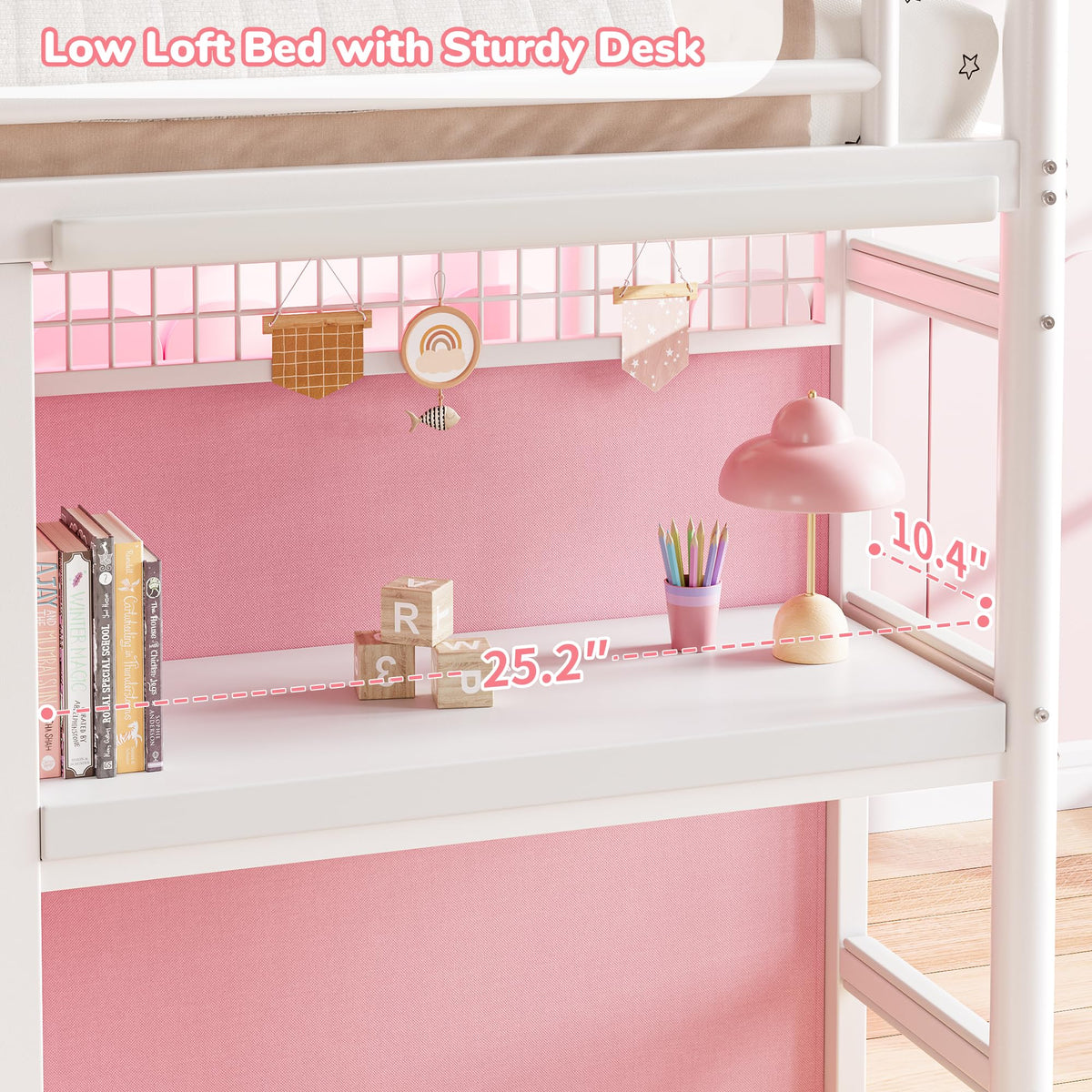 Low Loft Bed Twin Size with 7 Storage Drawers, Desk and LED Lights, Heavy Duty Metal Kids Loft Bed with 13.8" H Safety Guardrail, Anti-Collision Pad, Private Play Curtain, Under-Bed Play Space - Pink